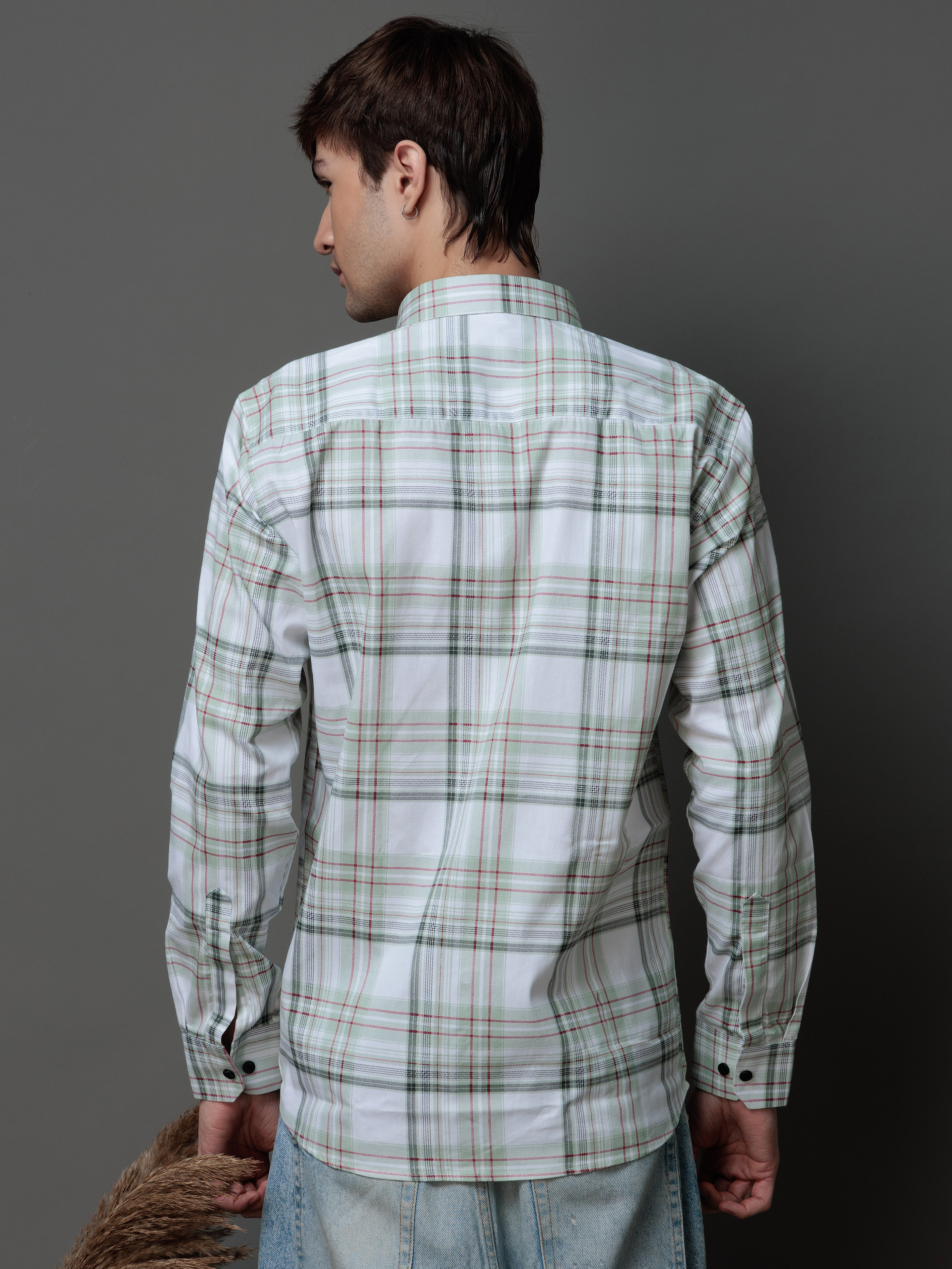 BOX GREEN CHECKED COTTON CASUAL SHIRT FOR MEN'S