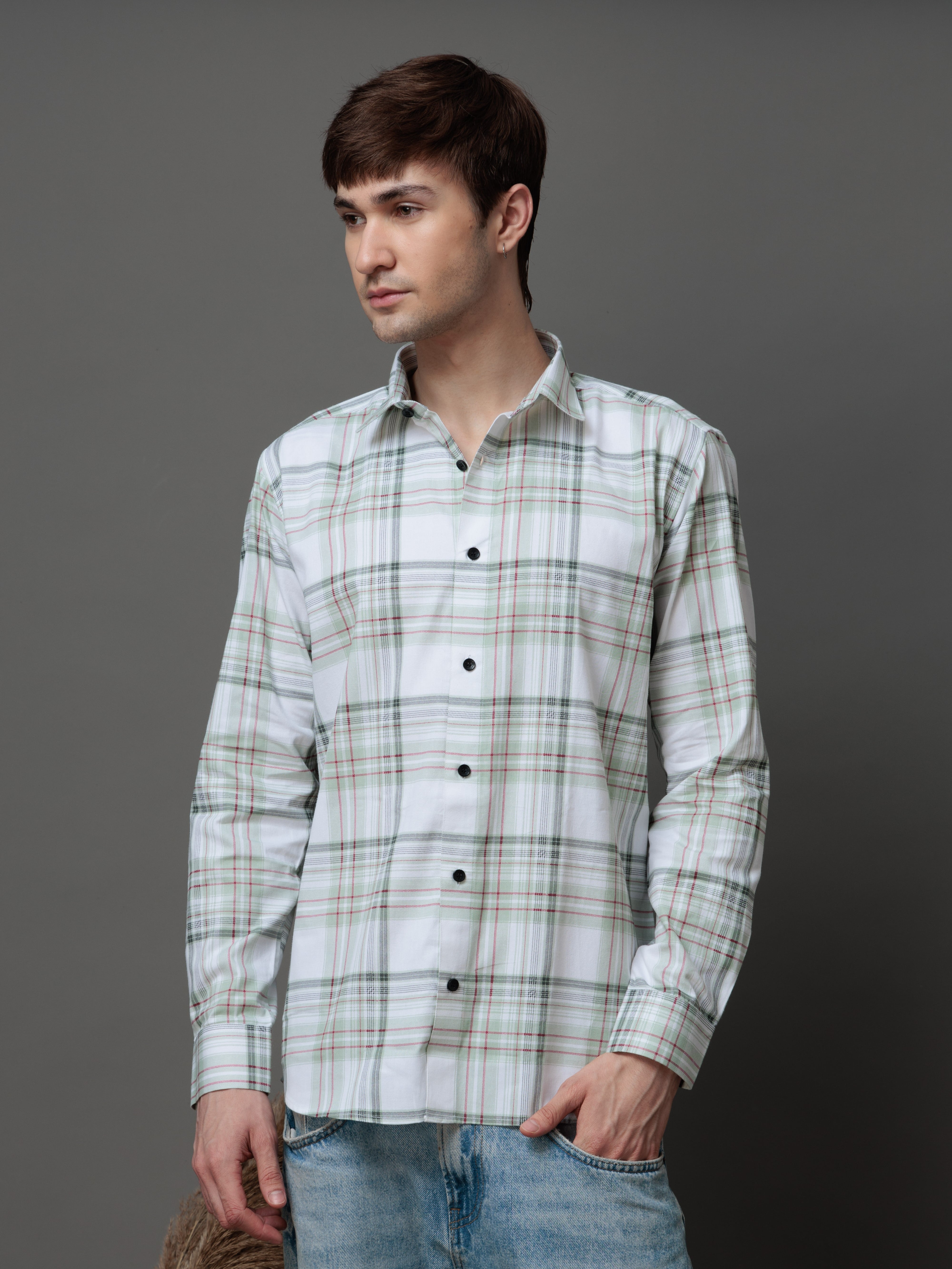 BOX GREEN CHECKED COTTON CASUAL SHIRT FOR MEN'S