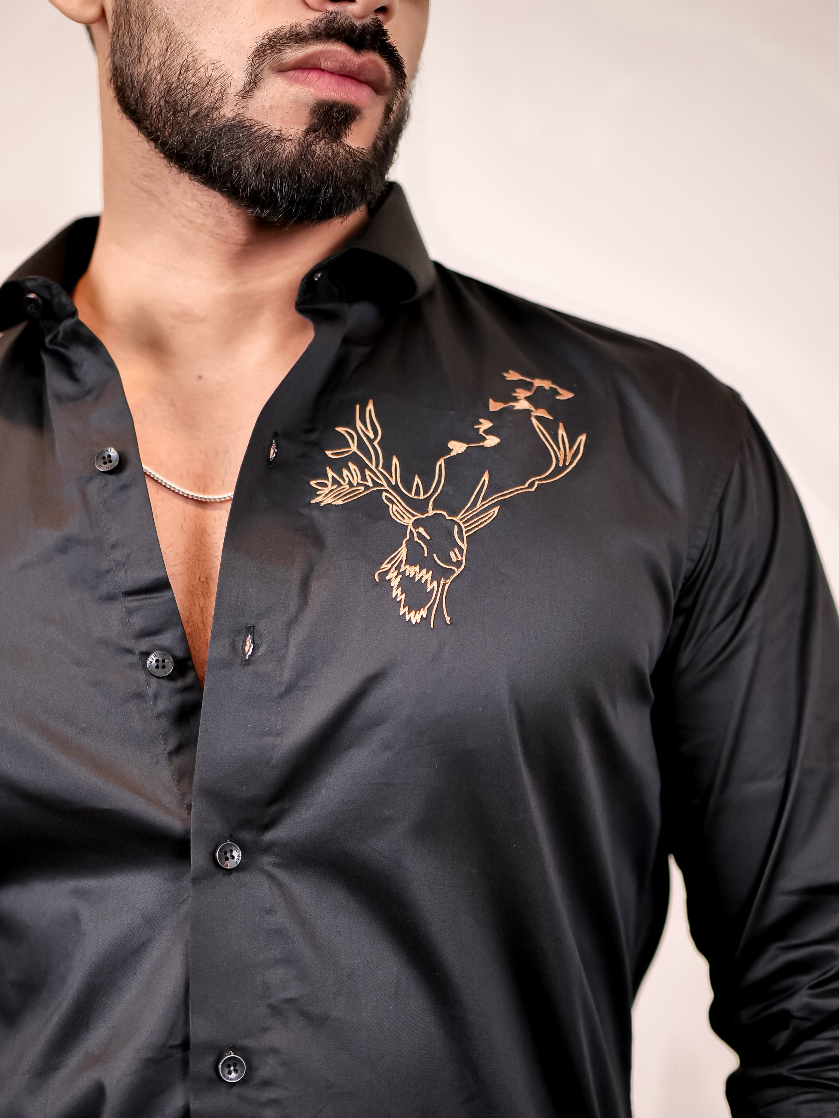 Reindeer Embroidered Black Luxury Cotton Shirt