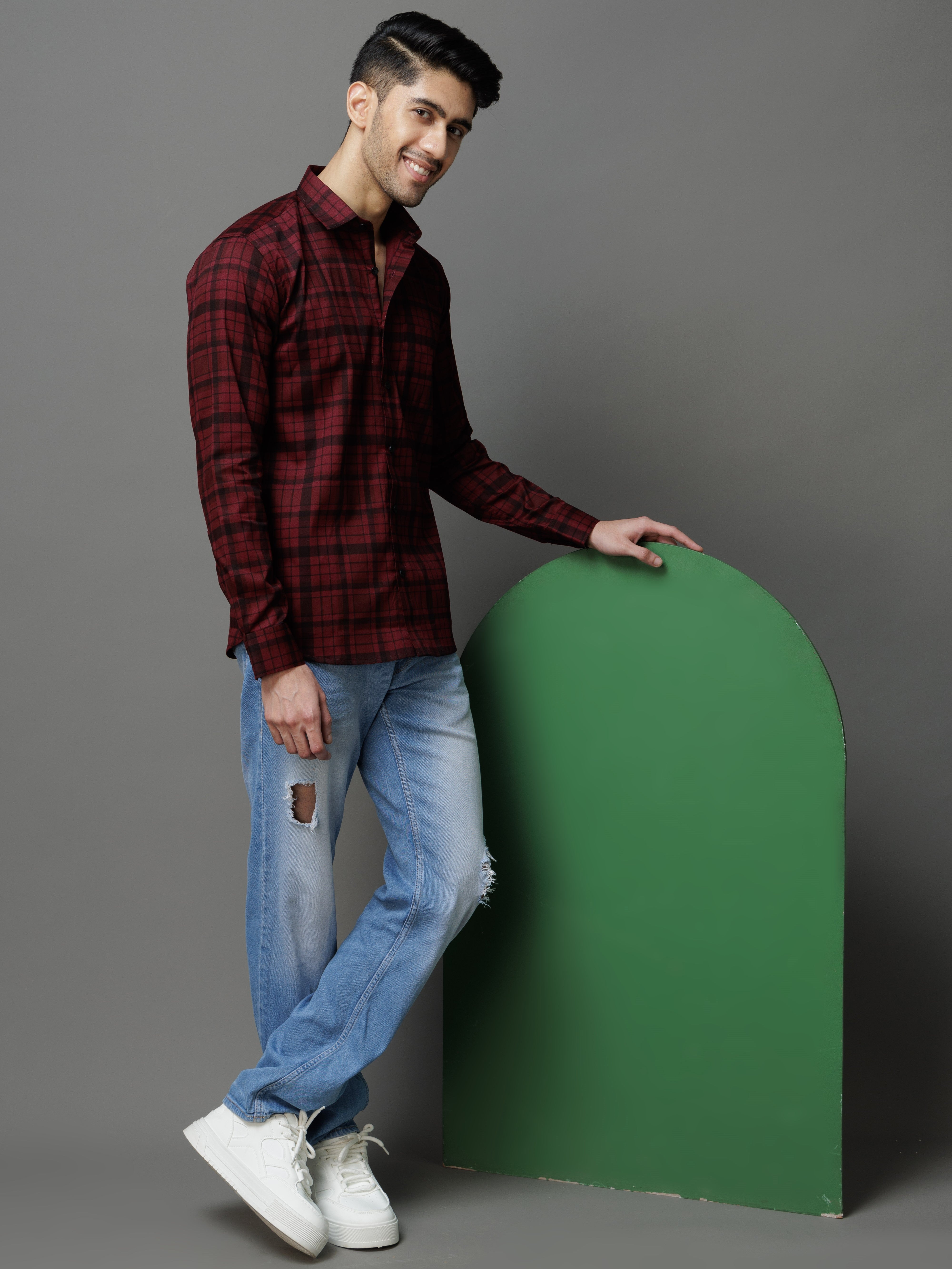 MAROON CHECKS PRINTED COTTON CASUAL SHIRT FOR MEN'S