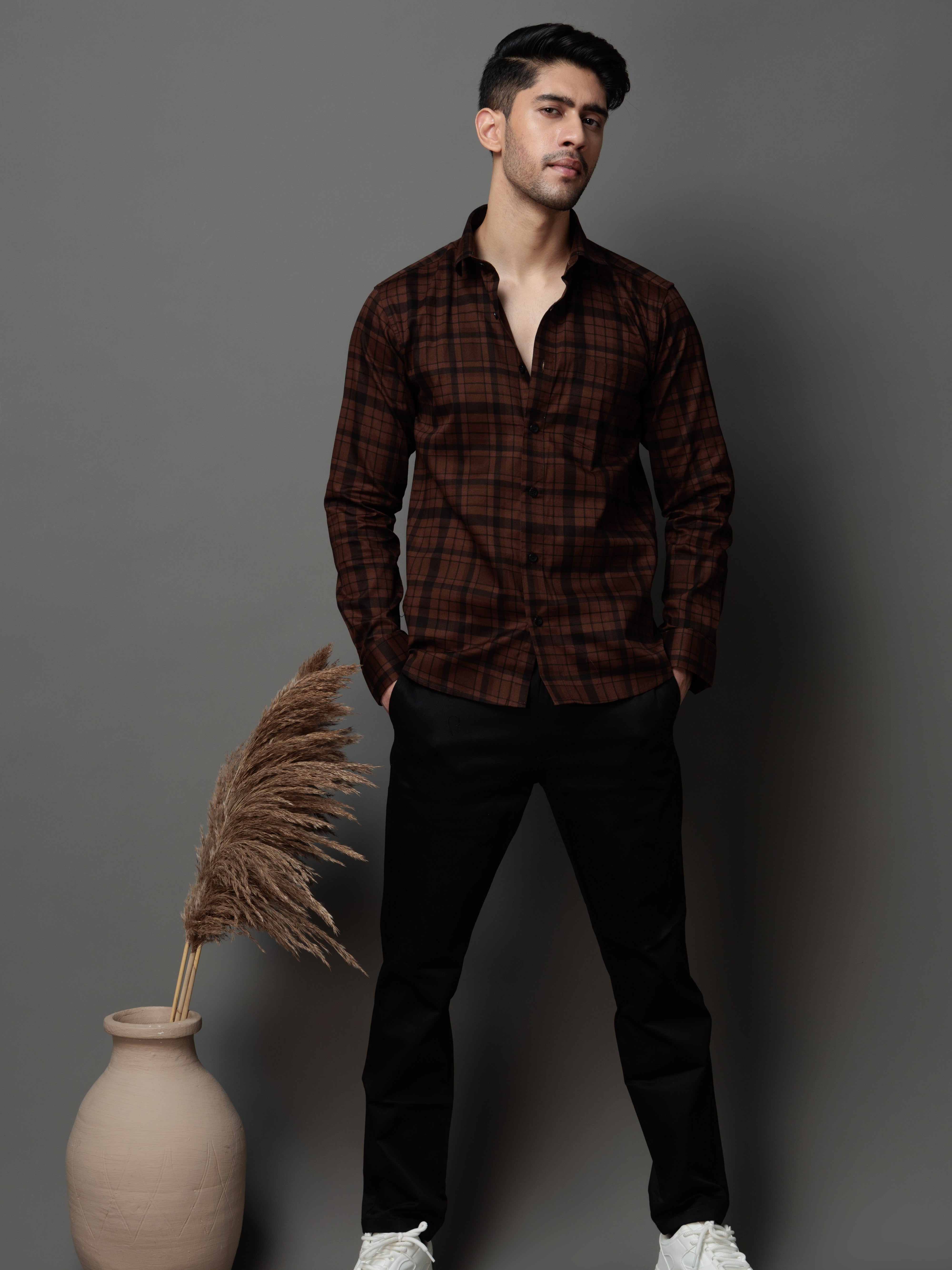 BROWN CHECKS PRINTED COTTON CASUAL SHIRT FOR MEN'S