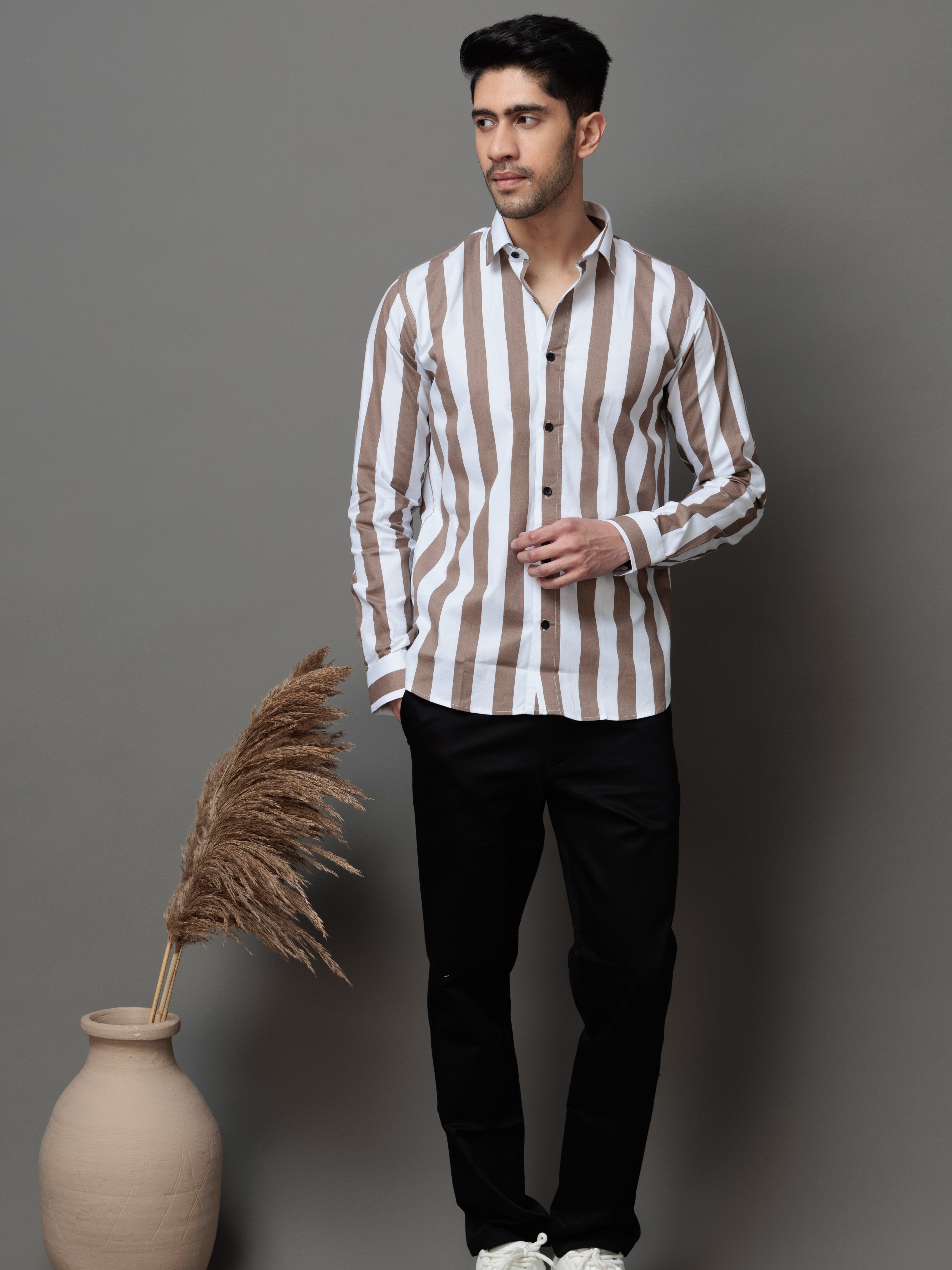 METALLIC BROWN STRIPED COTTON CASUAL SHIRT FOR MEN'S