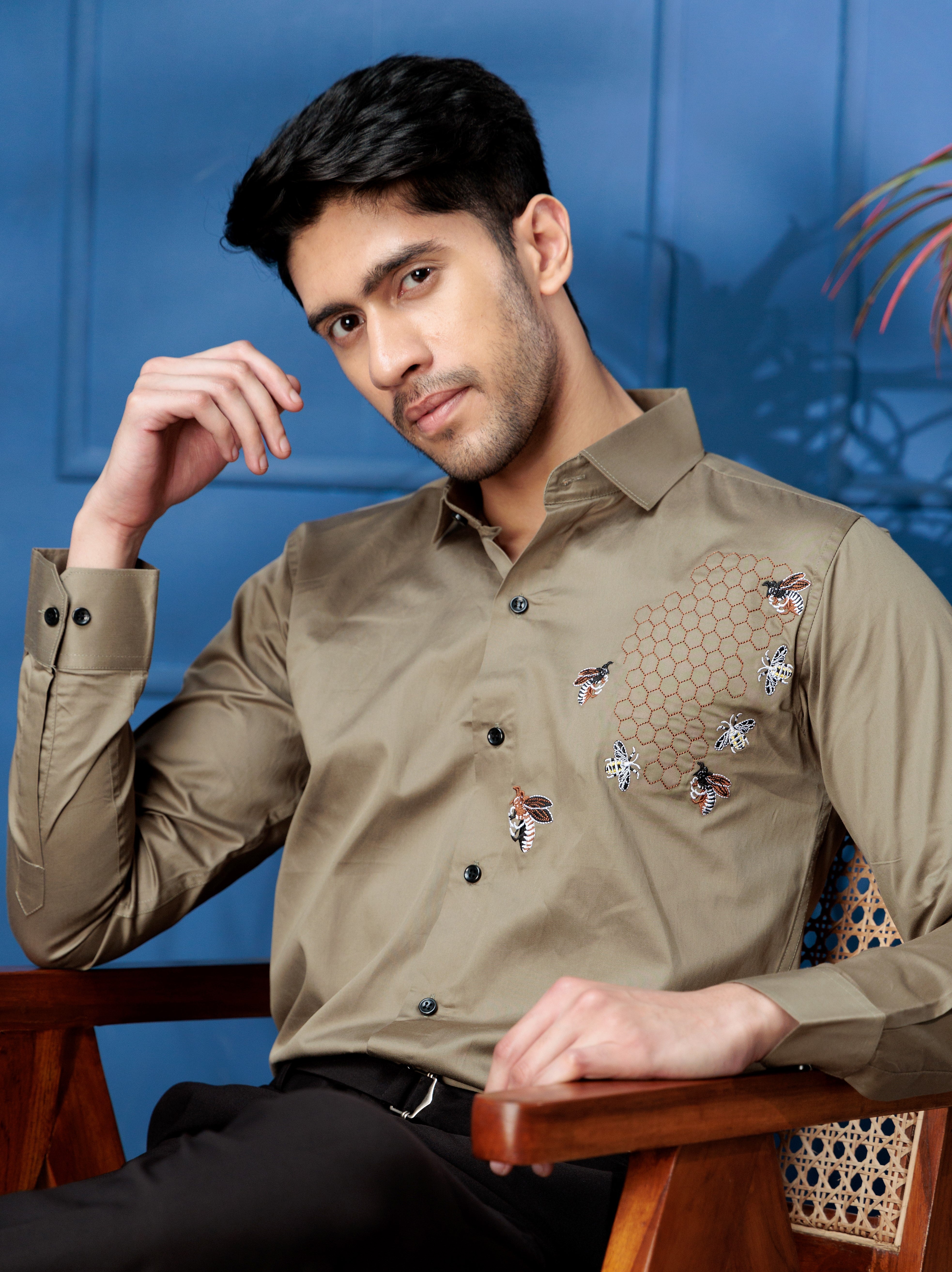 FOOMER GREEN HONEY BEES EMBROIDERED CLUB WEAR SATIN COTTON SHIRT