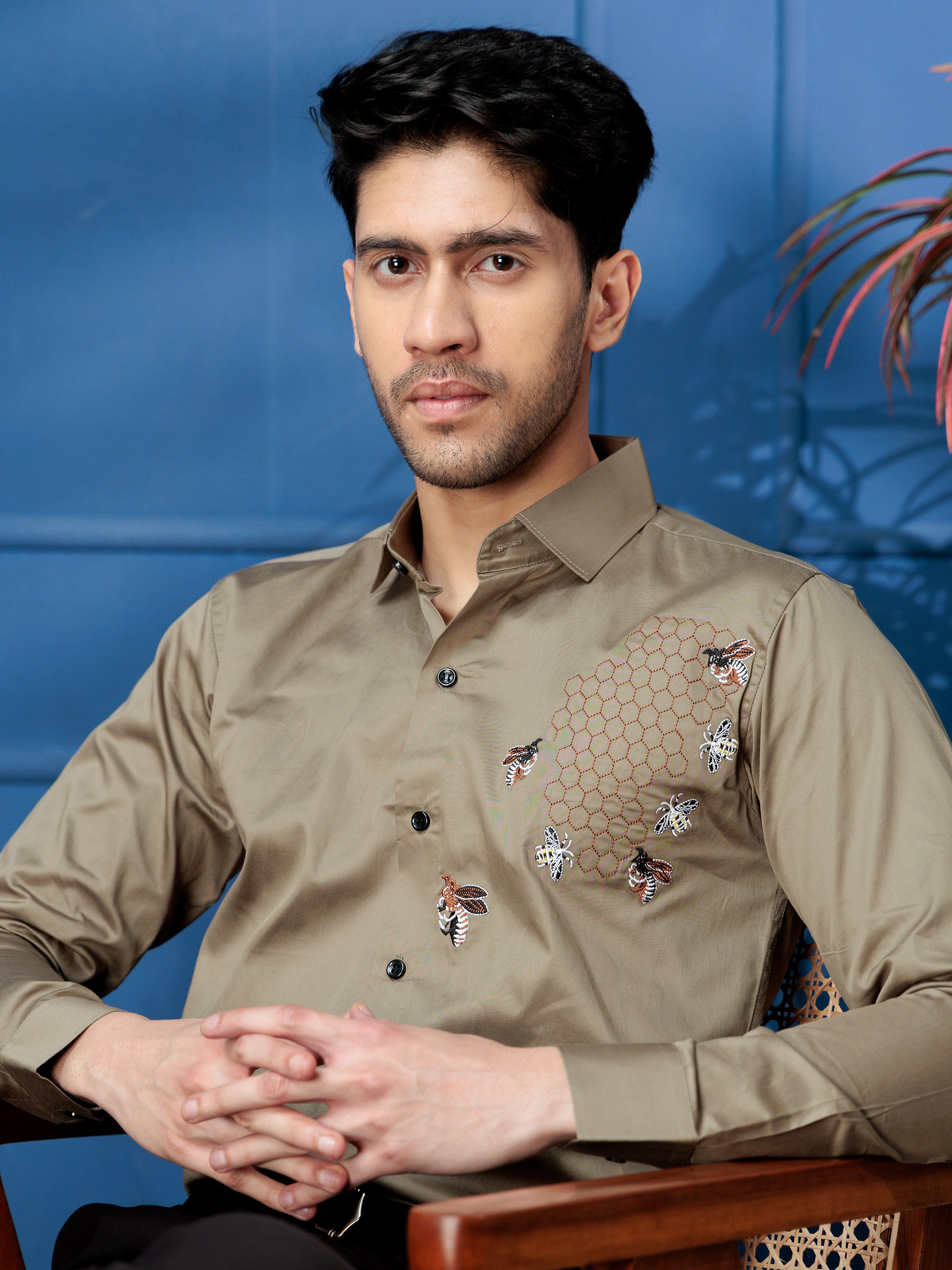 FOOMER GREEN HONEY BEES EMBROIDERED CLUB WEAR SATIN COTTON SHIRT