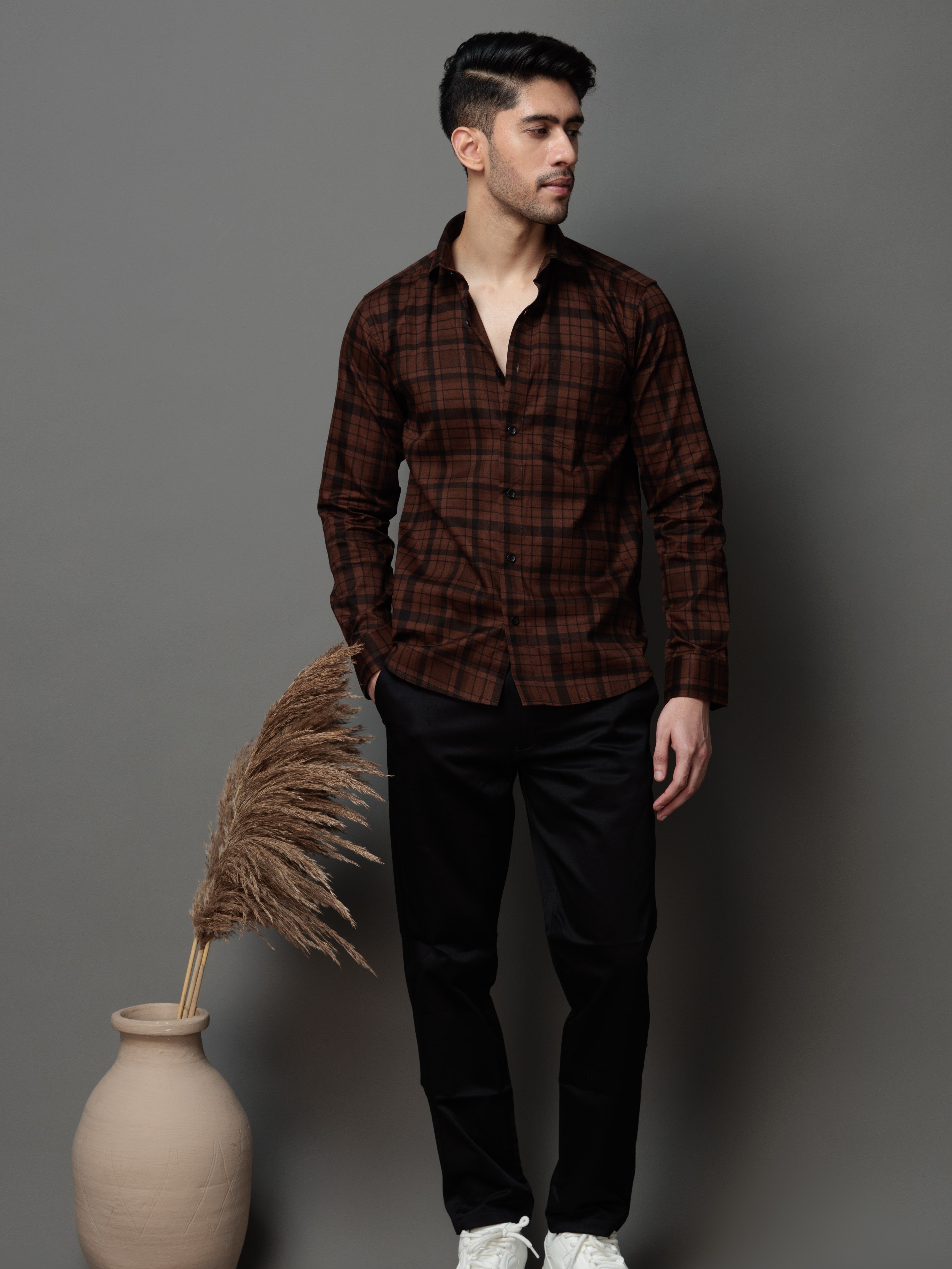 BROWN CHECKS PRINTED COTTON CASUAL SHIRT FOR MEN'S