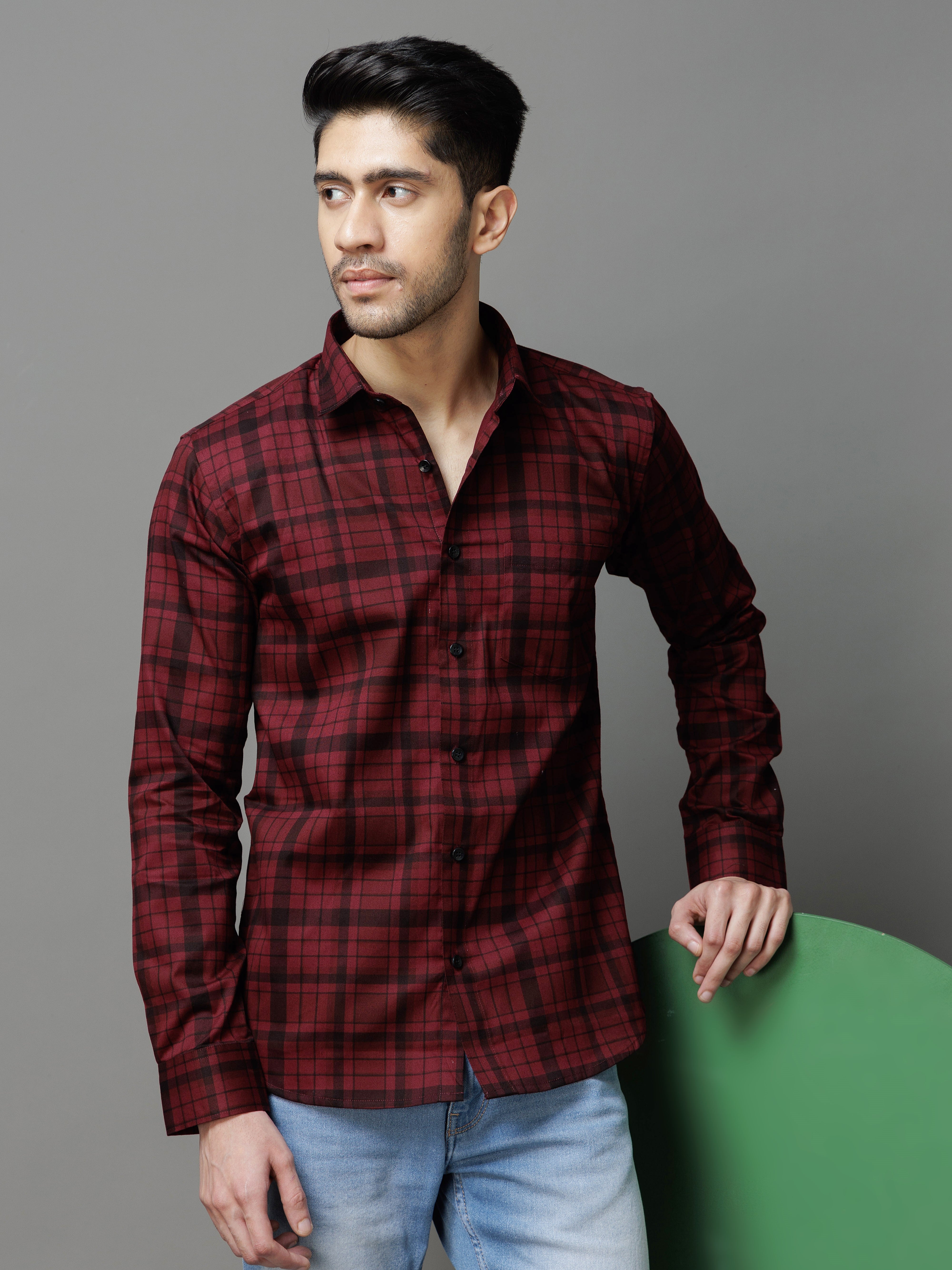 MAROON CHECKS PRINTED COTTON CASUAL SHIRT FOR MEN'S