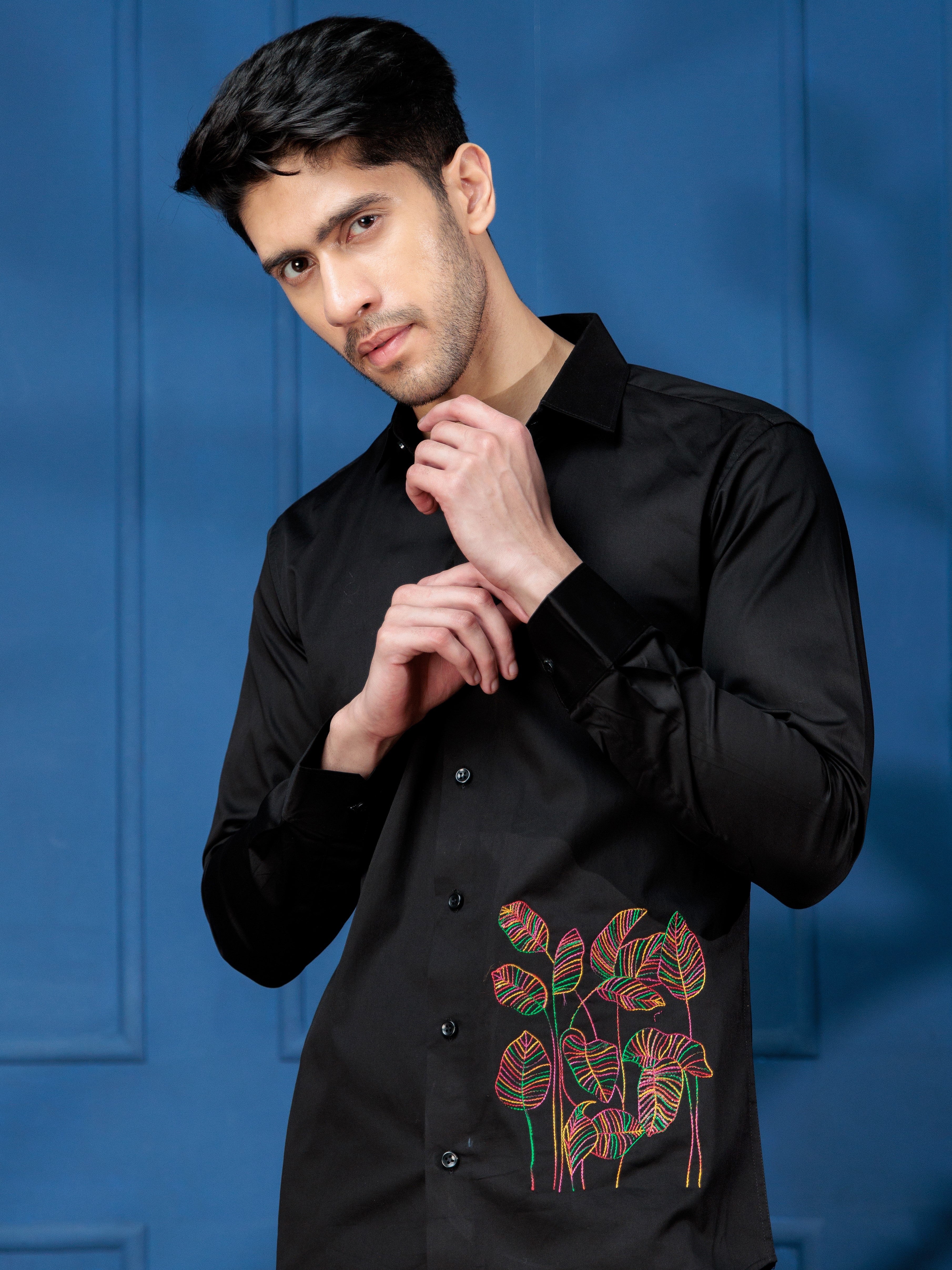 FOOMER LEAVES EMBROIDERED BLACK LUXURY COTTON SHIRT FOR MEN