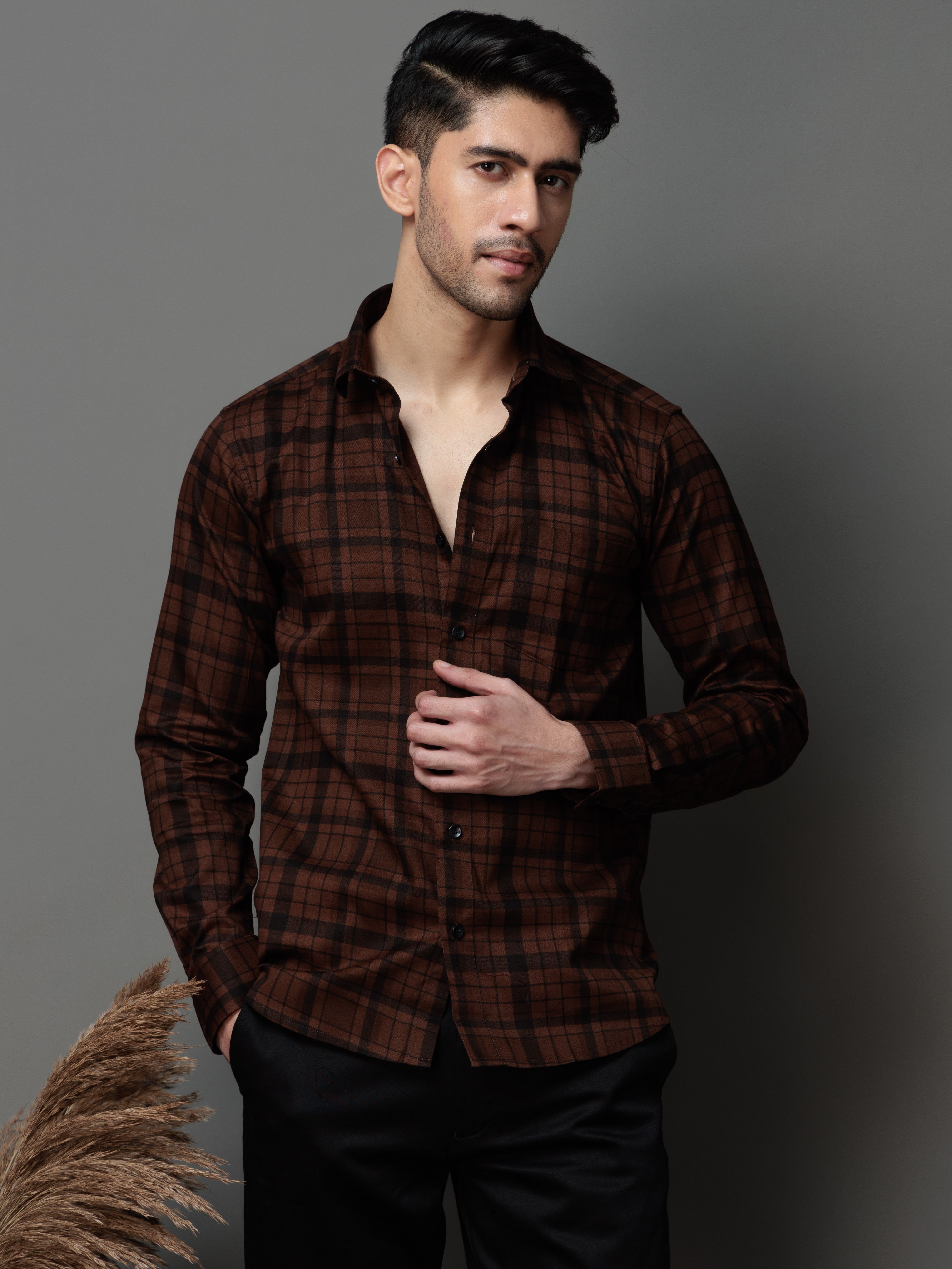 BROWN CHECKS PRINTED COTTON CASUAL SHIRT FOR MEN'S