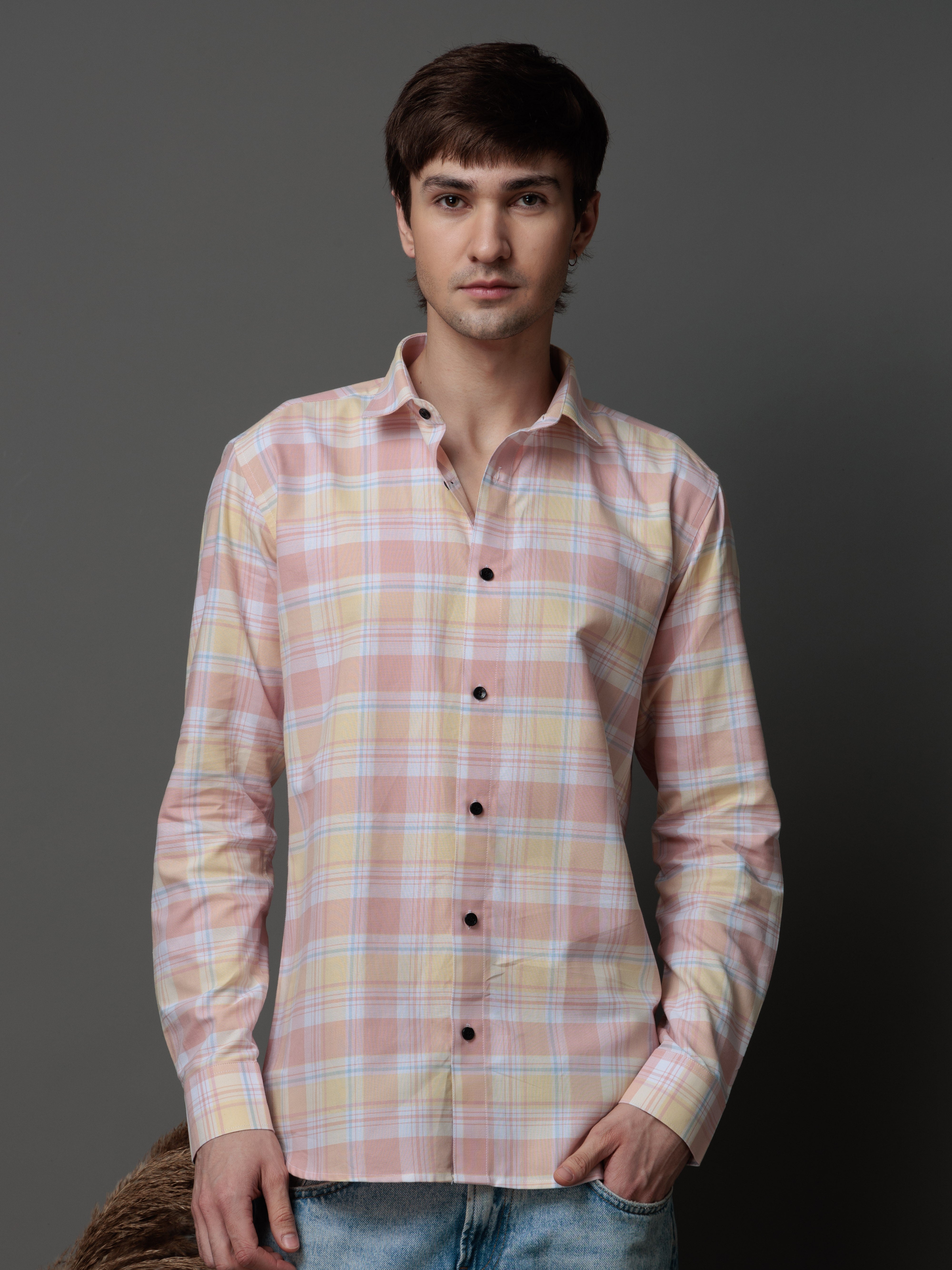 BOX PINK CHECKED COTTON CASUAL SHIRT FOR MEN'S