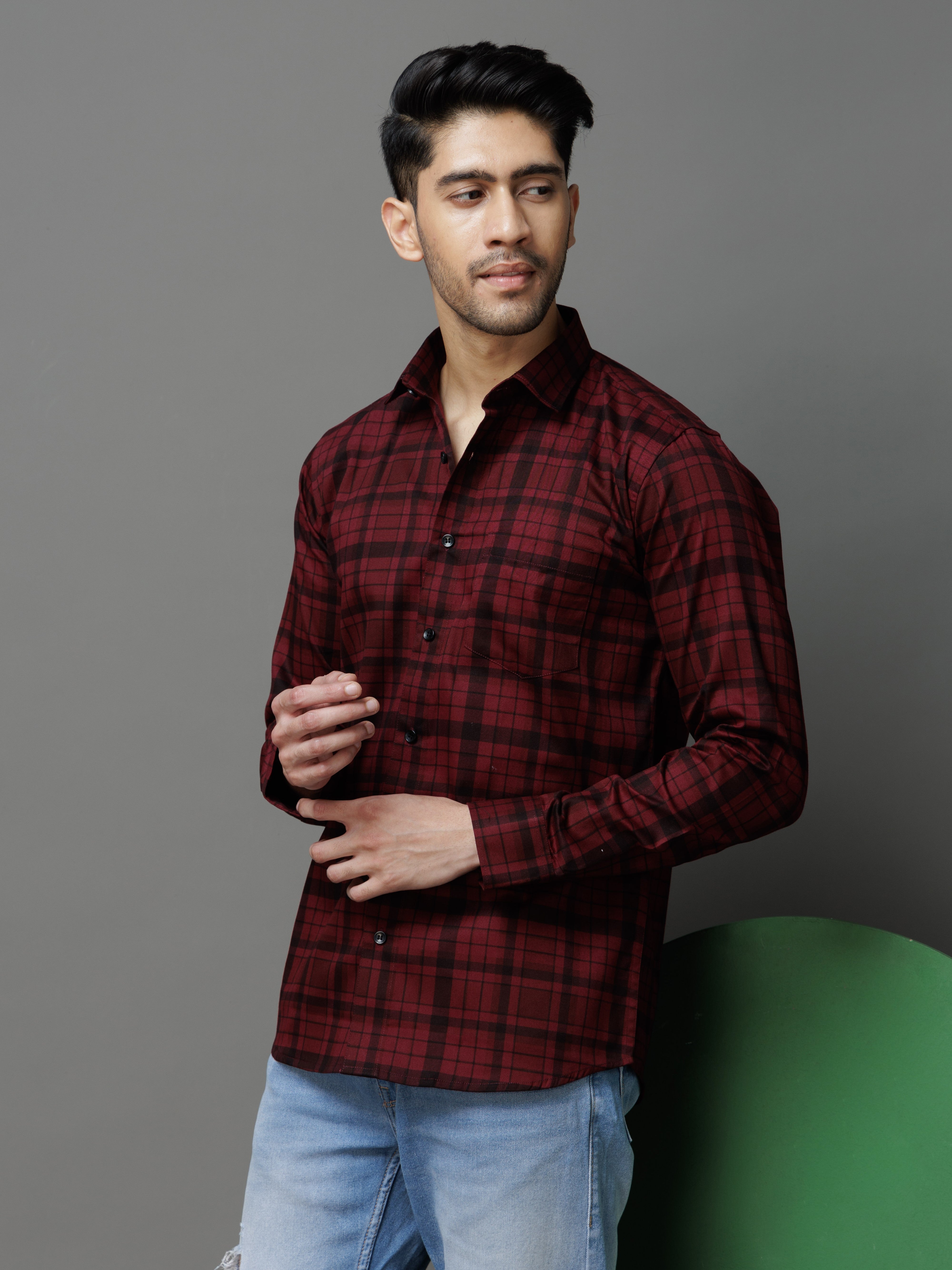 MAROON CHECKS PRINTED COTTON CASUAL SHIRT FOR MEN'S