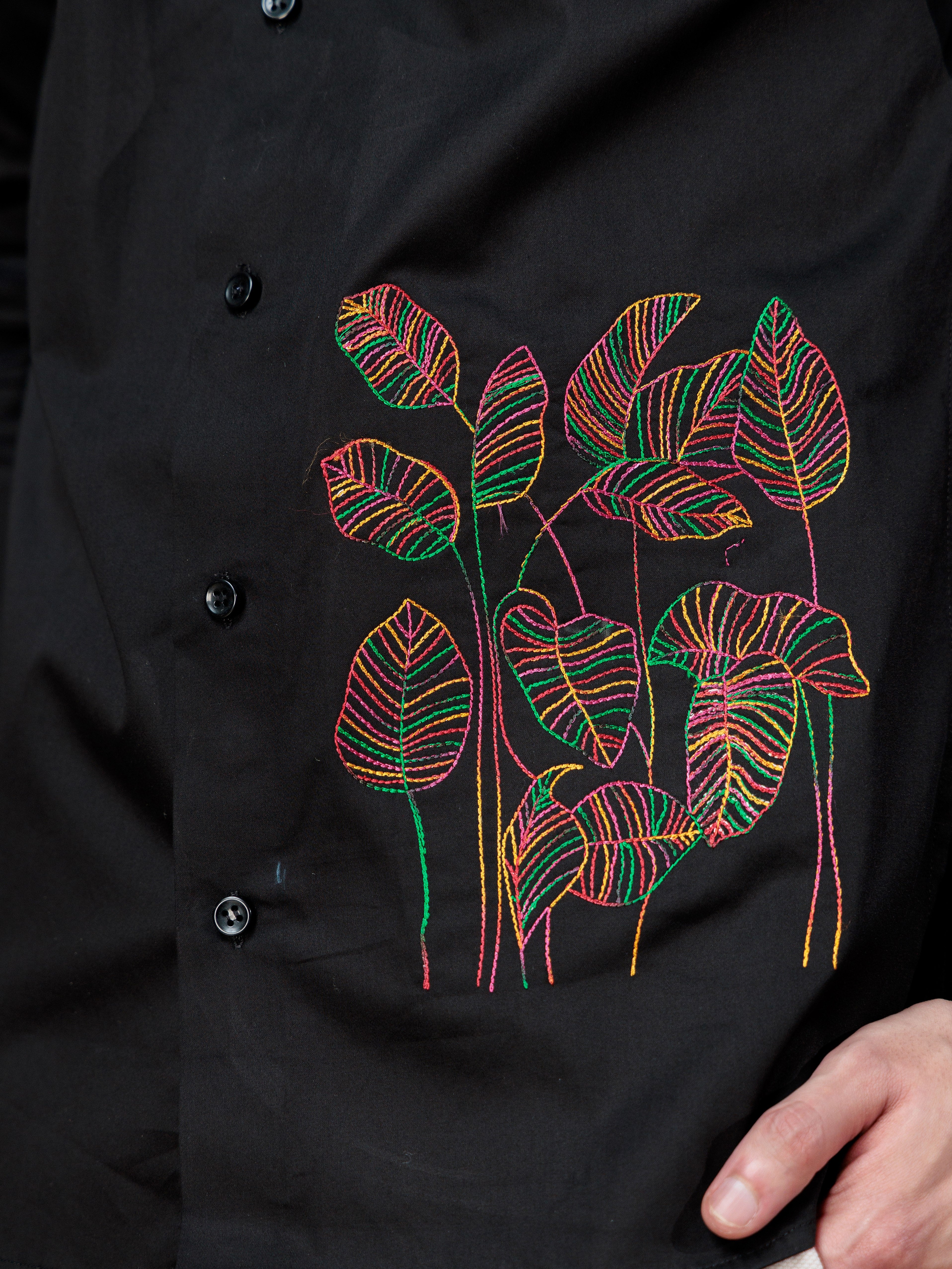 FOOMER LEAVES EMBROIDERED BLACK LUXURY COTTON SHIRT FOR MEN