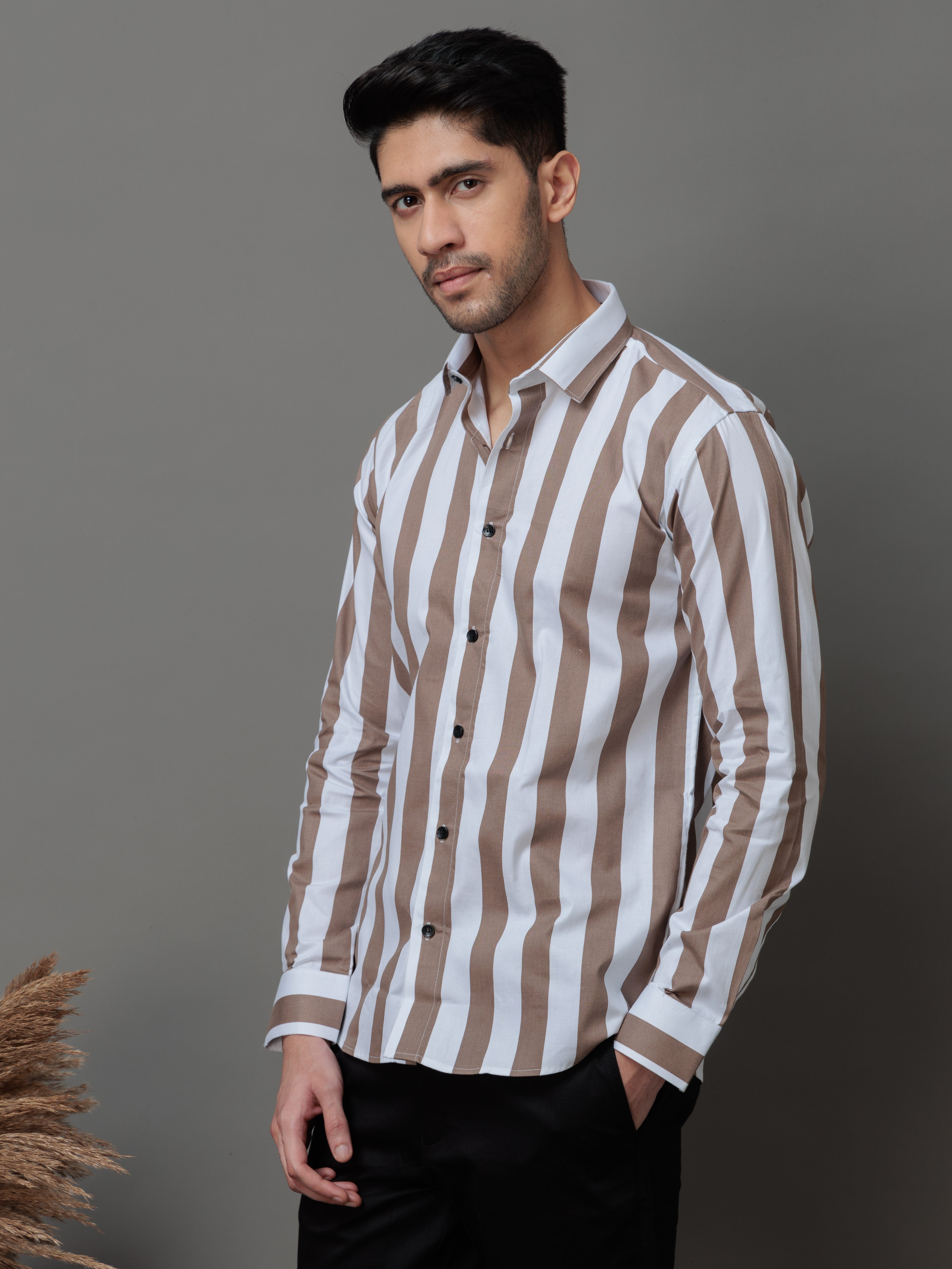 METALLIC BROWN STRIPED COTTON CASUAL SHIRT FOR MEN'S