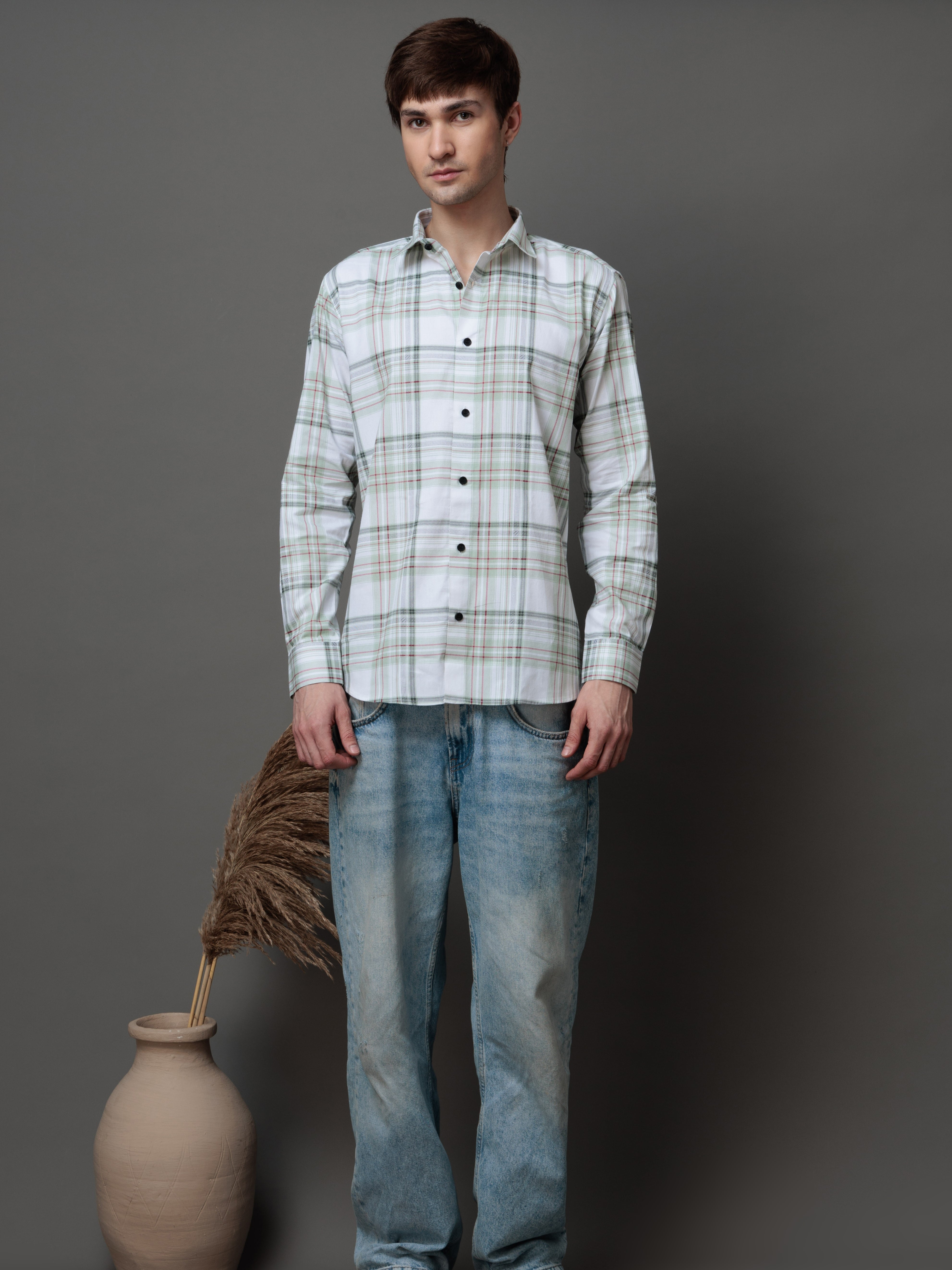 BOX GREEN CHECKED COTTON CASUAL SHIRT FOR MEN'S