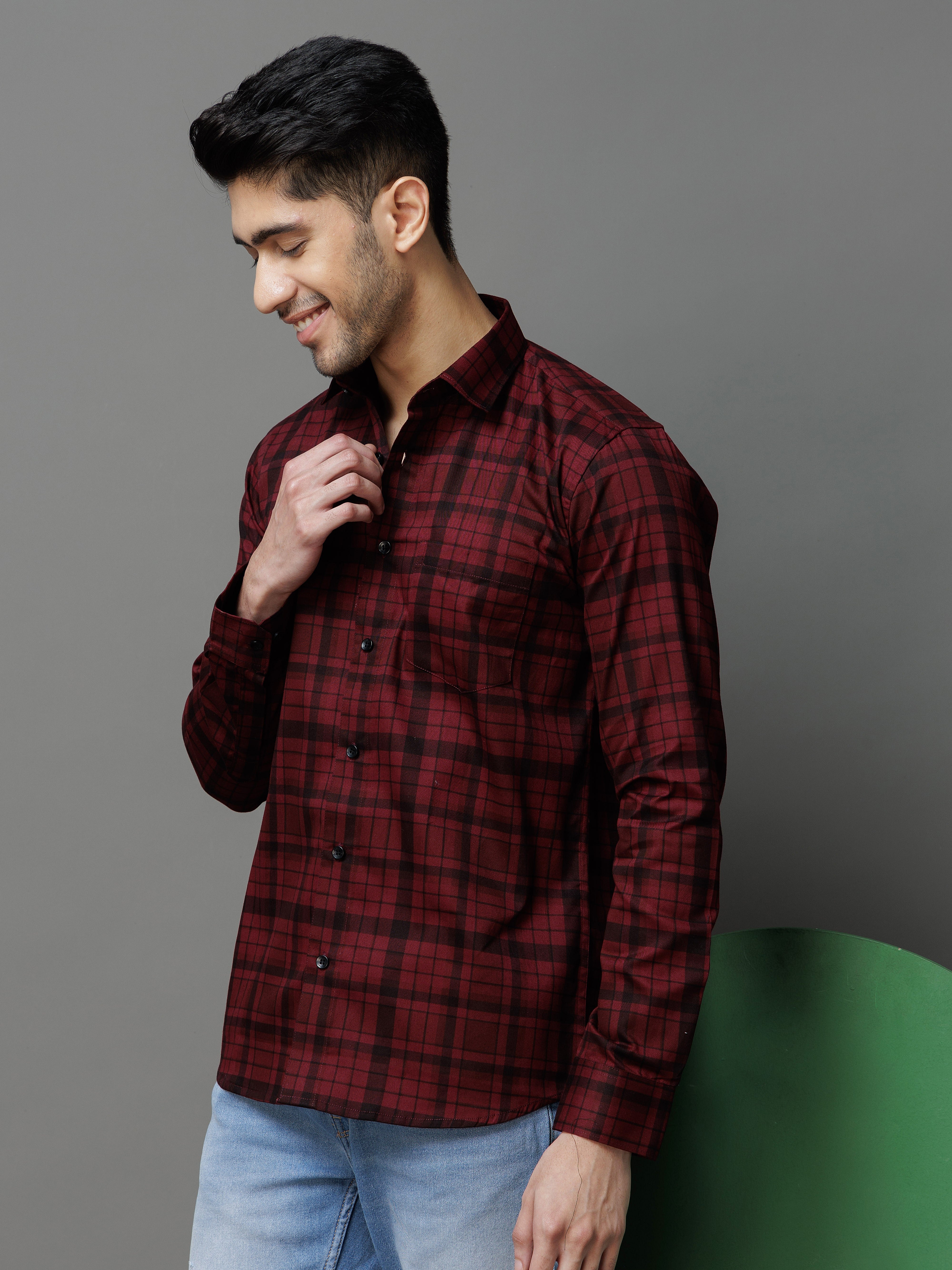 MAROON CHECKS PRINTED COTTON CASUAL SHIRT FOR MEN'S