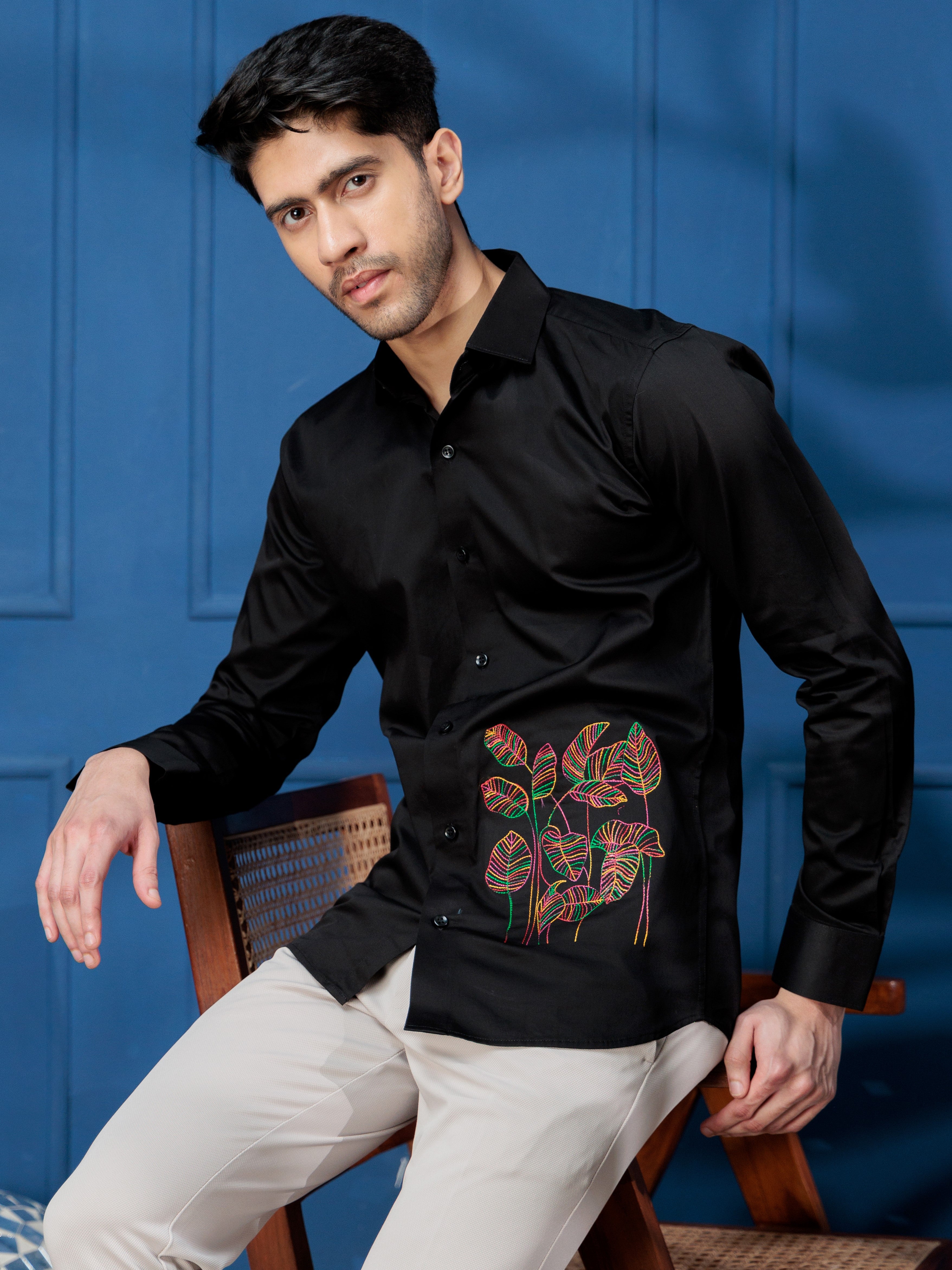 FOOMER LEAVES EMBROIDERED BLACK LUXURY COTTON SHIRT FOR MEN