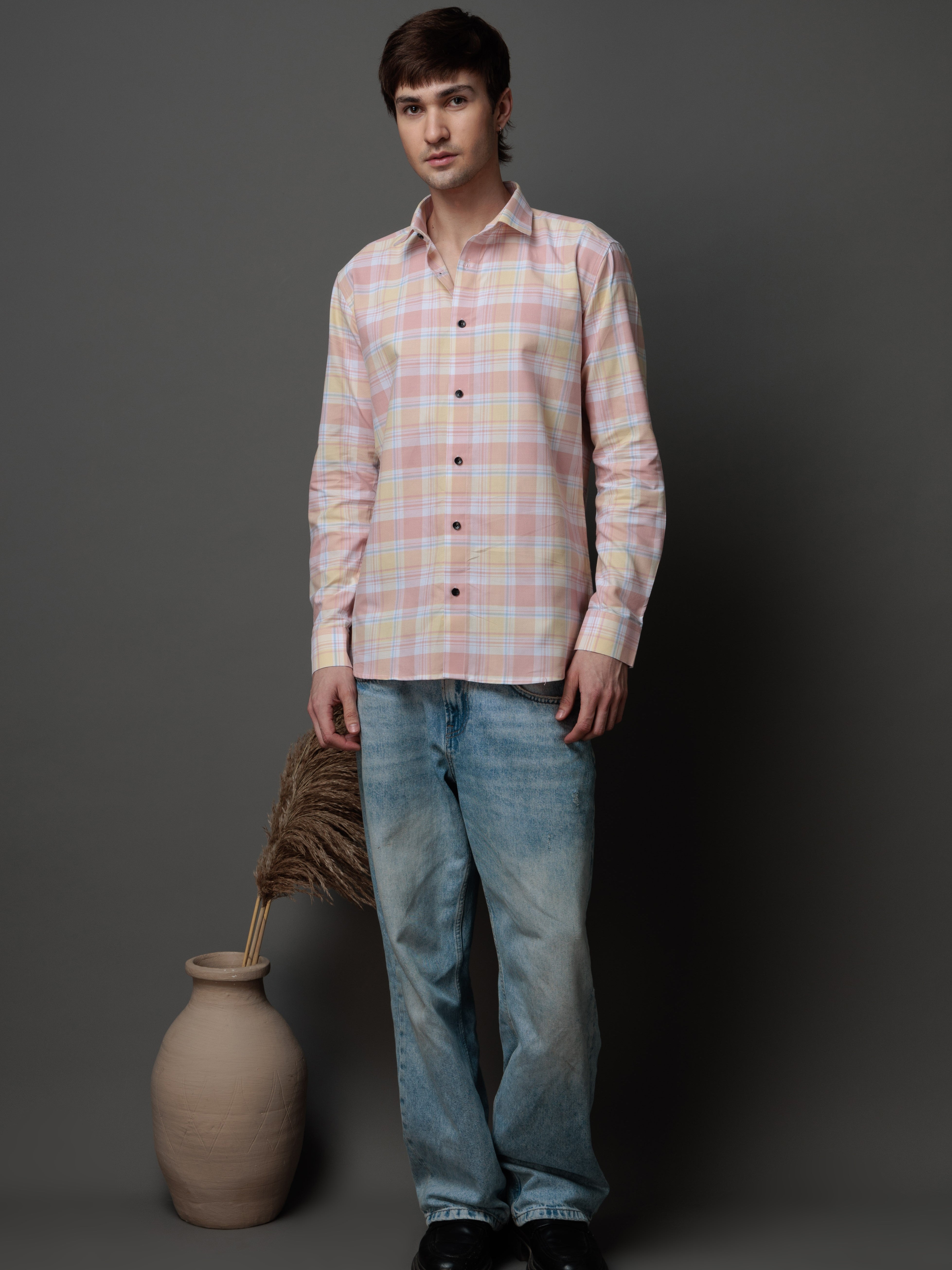 BOX PINK CHECKED COTTON CASUAL SHIRT FOR MEN'S