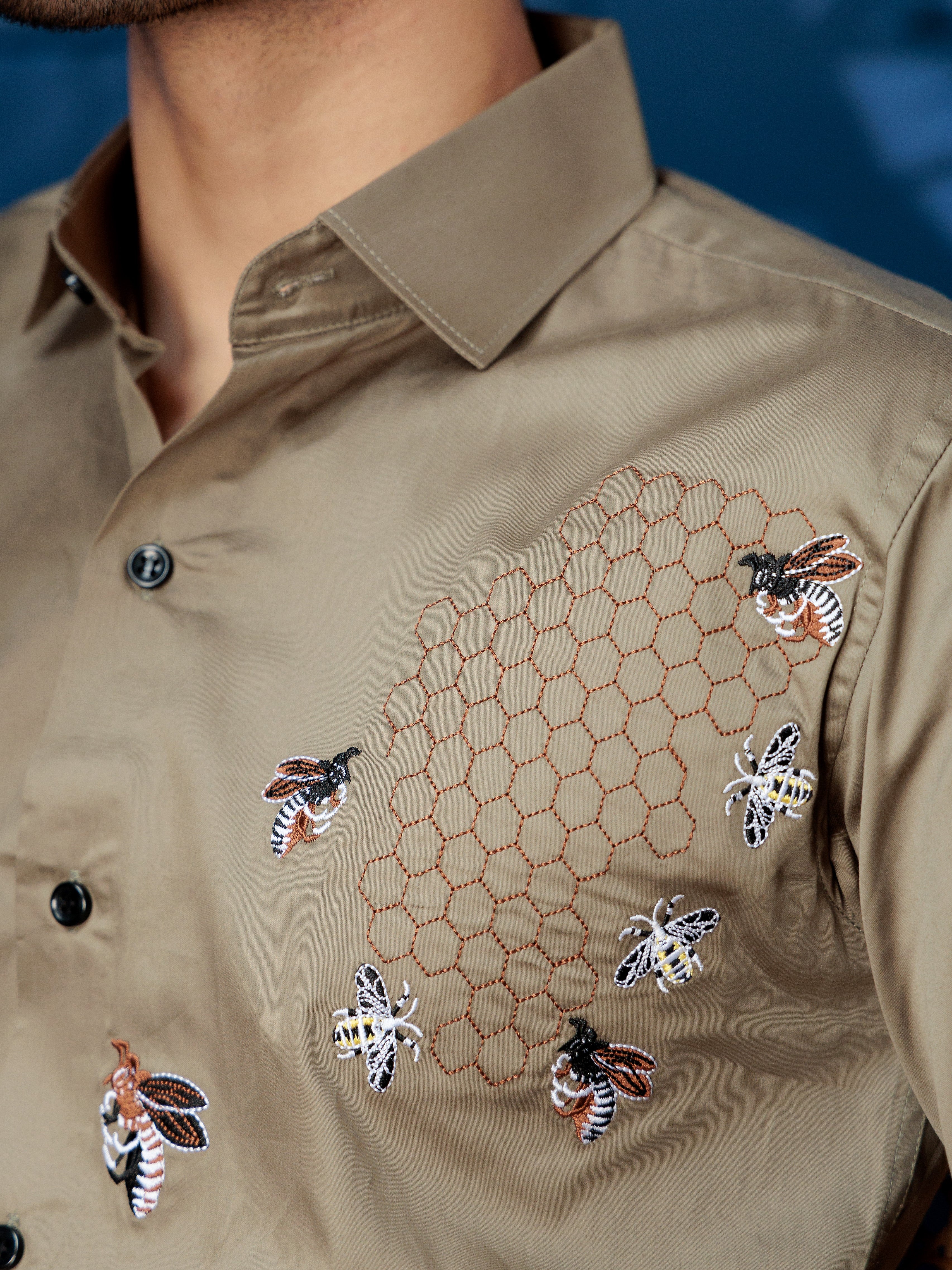 FOOMER GREEN HONEY BEES EMBROIDERED CLUB WEAR SATIN COTTON SHIRT