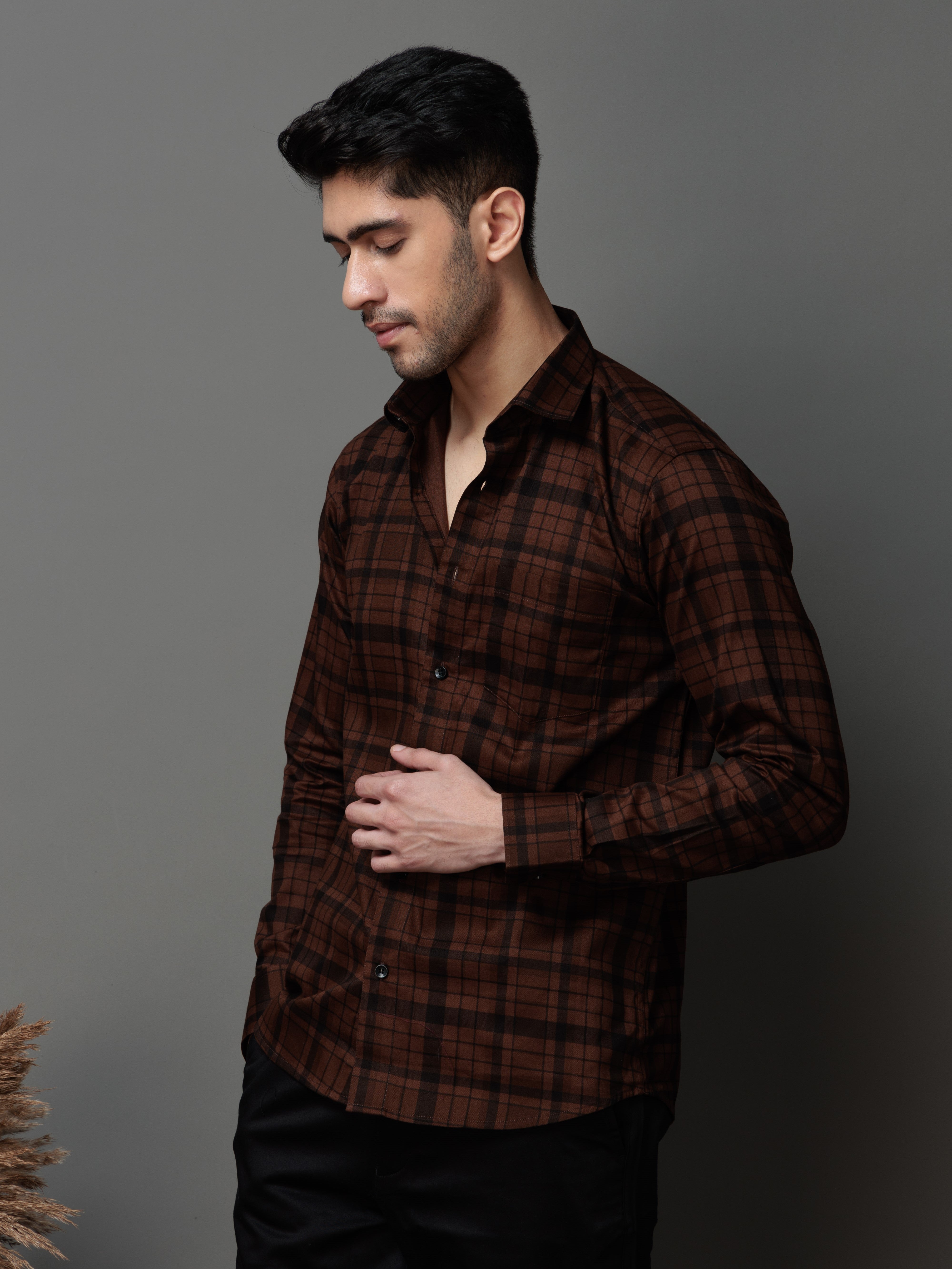 BROWN CHECKS PRINTED COTTON CASUAL SHIRT FOR MEN'S