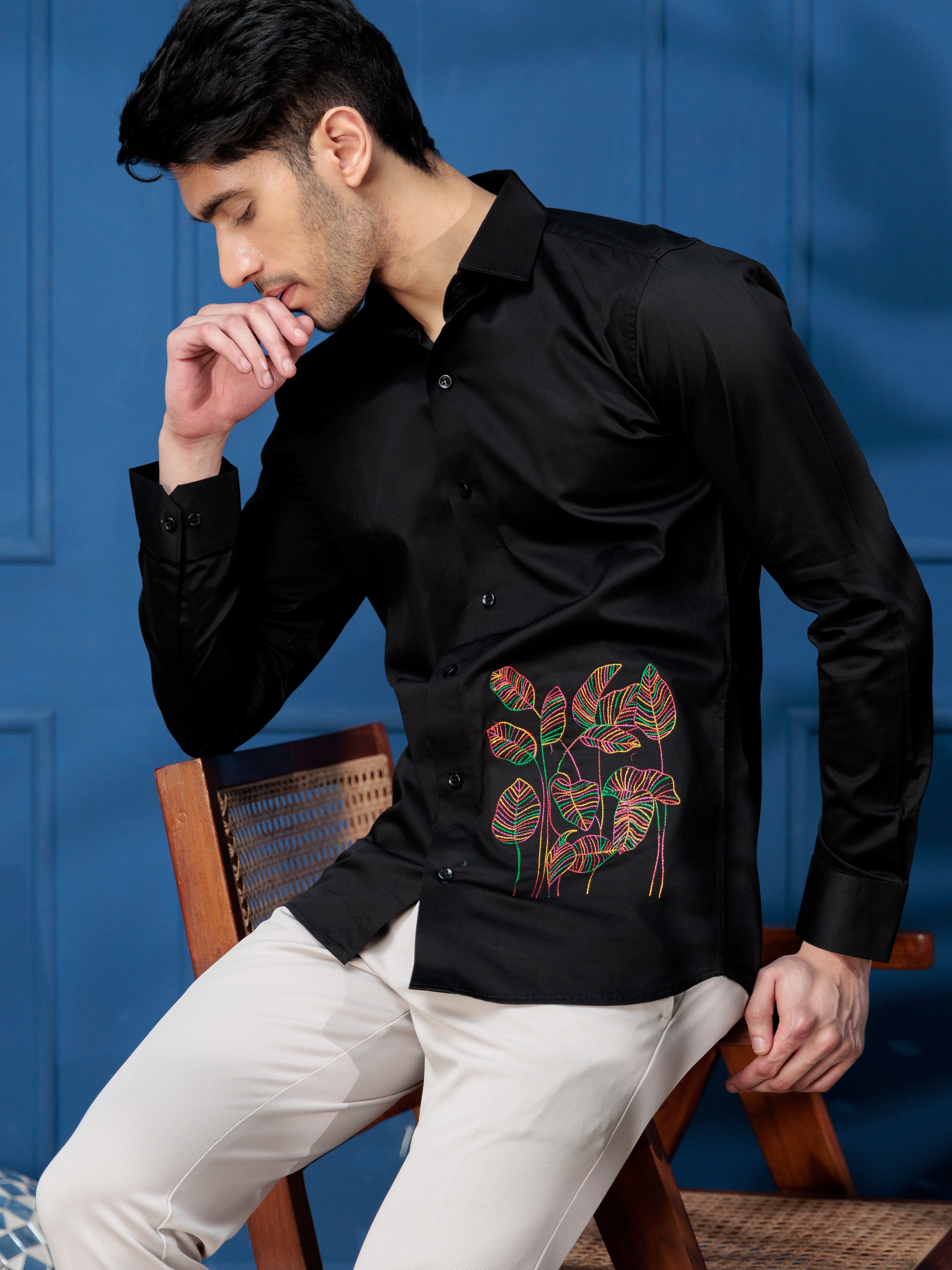 FOOMER LEAVES EMBROIDERED BLACK LUXURY COTTON SHIRT FOR MEN