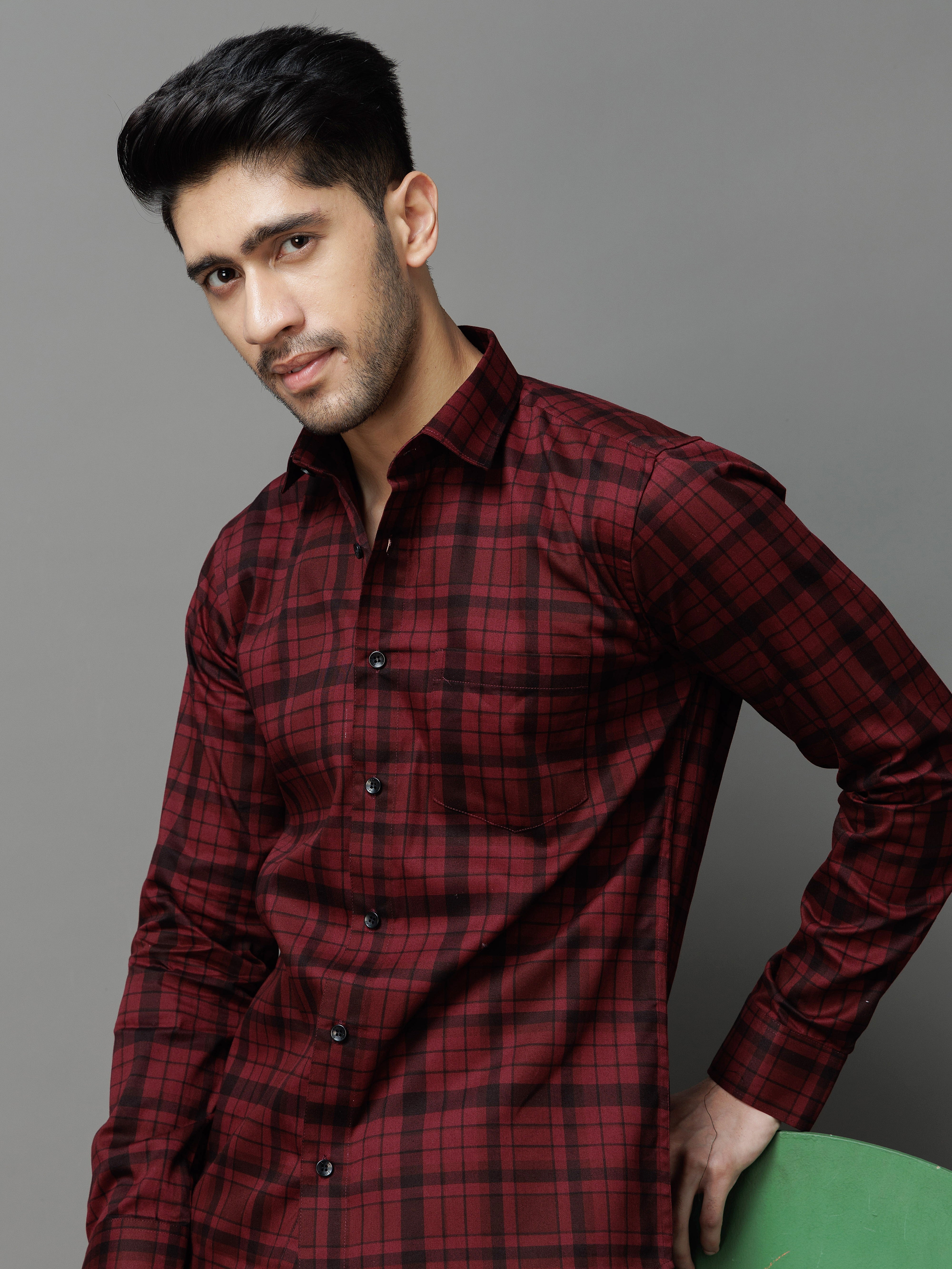 MAROON CHECKS PRINTED COTTON CASUAL SHIRT FOR MEN'S