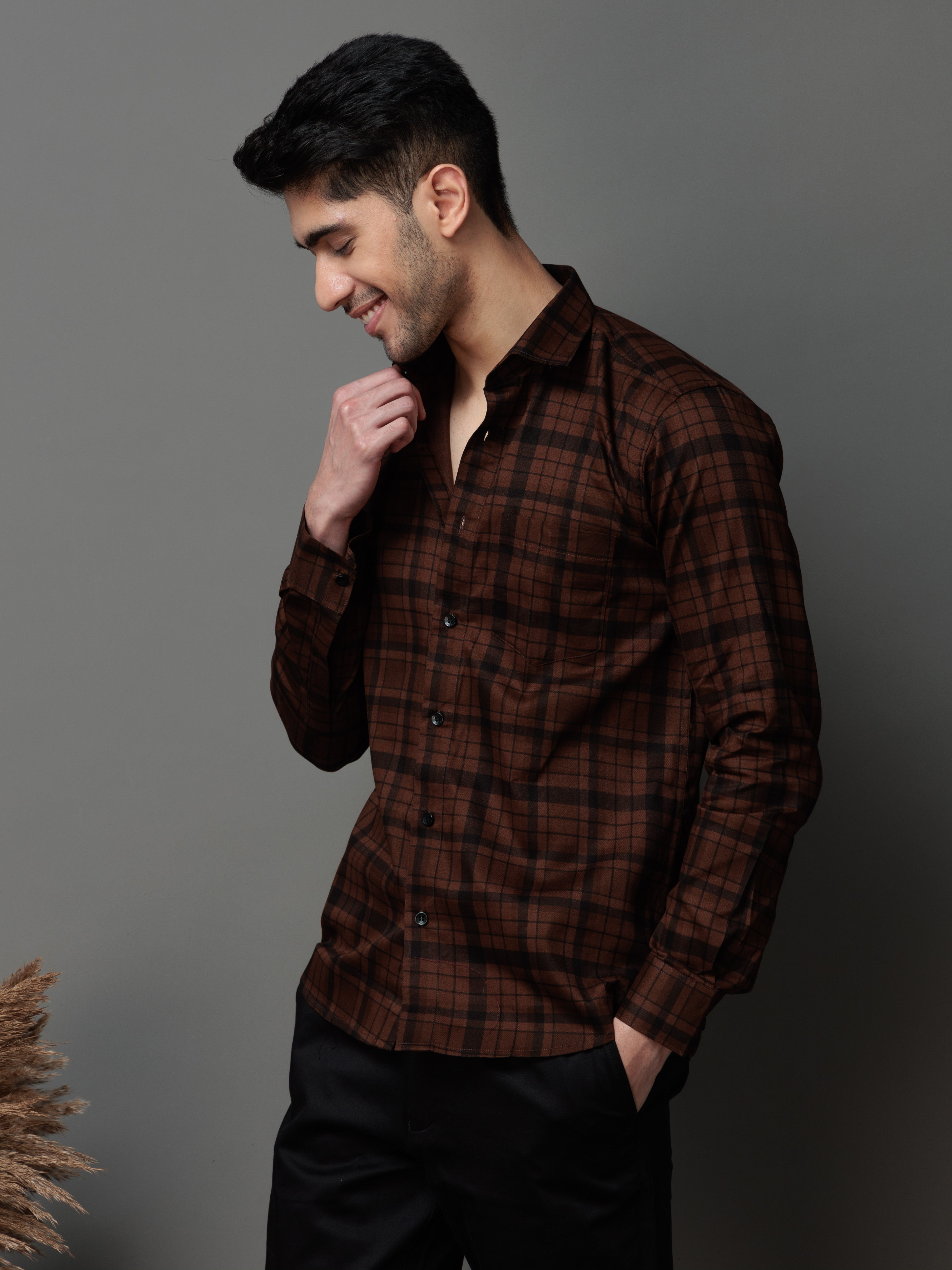 BROWN CHECKS PRINTED COTTON CASUAL SHIRT FOR MEN'S