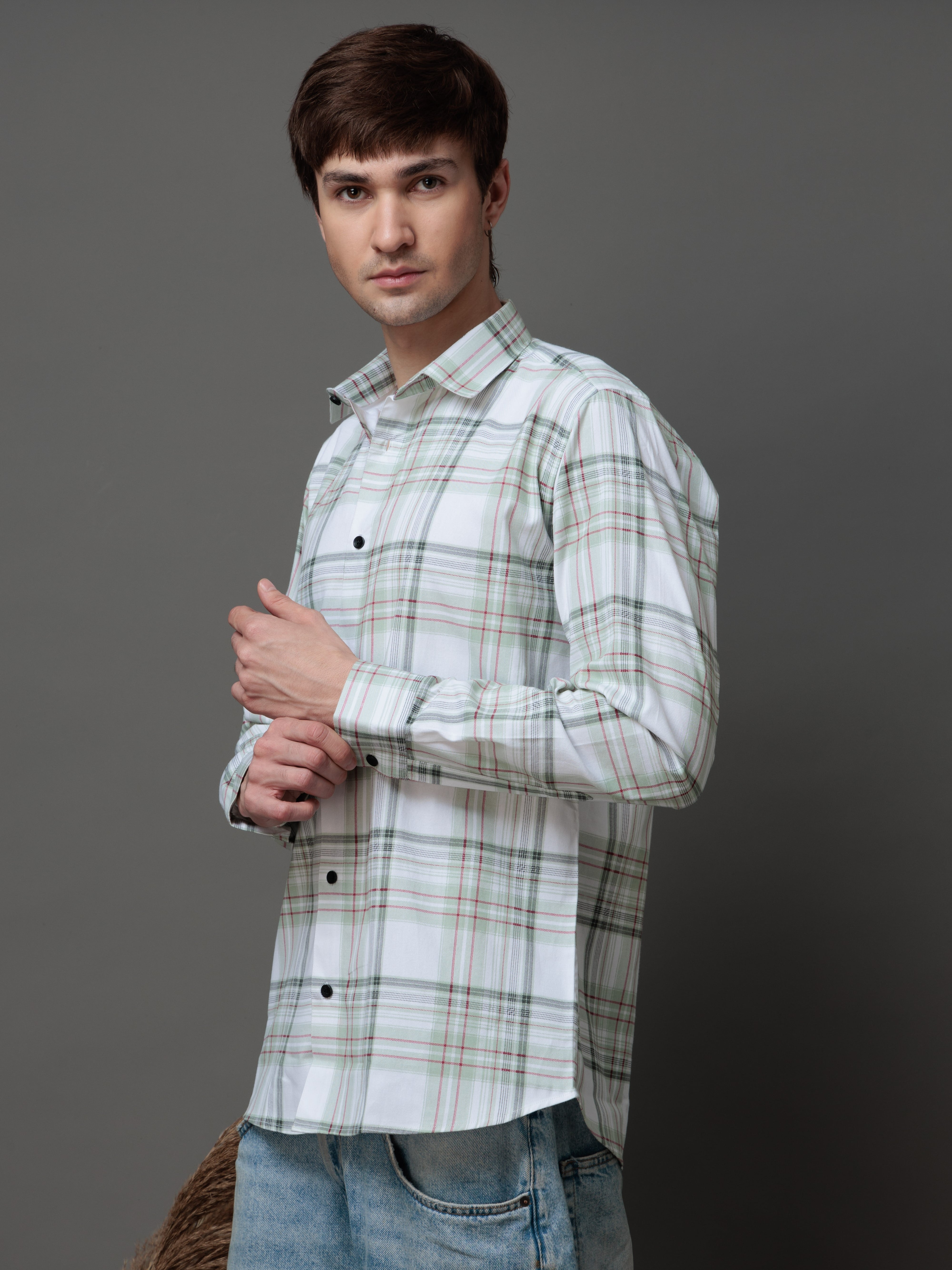 BOX GREEN CHECKED COTTON CASUAL SHIRT FOR MEN'S