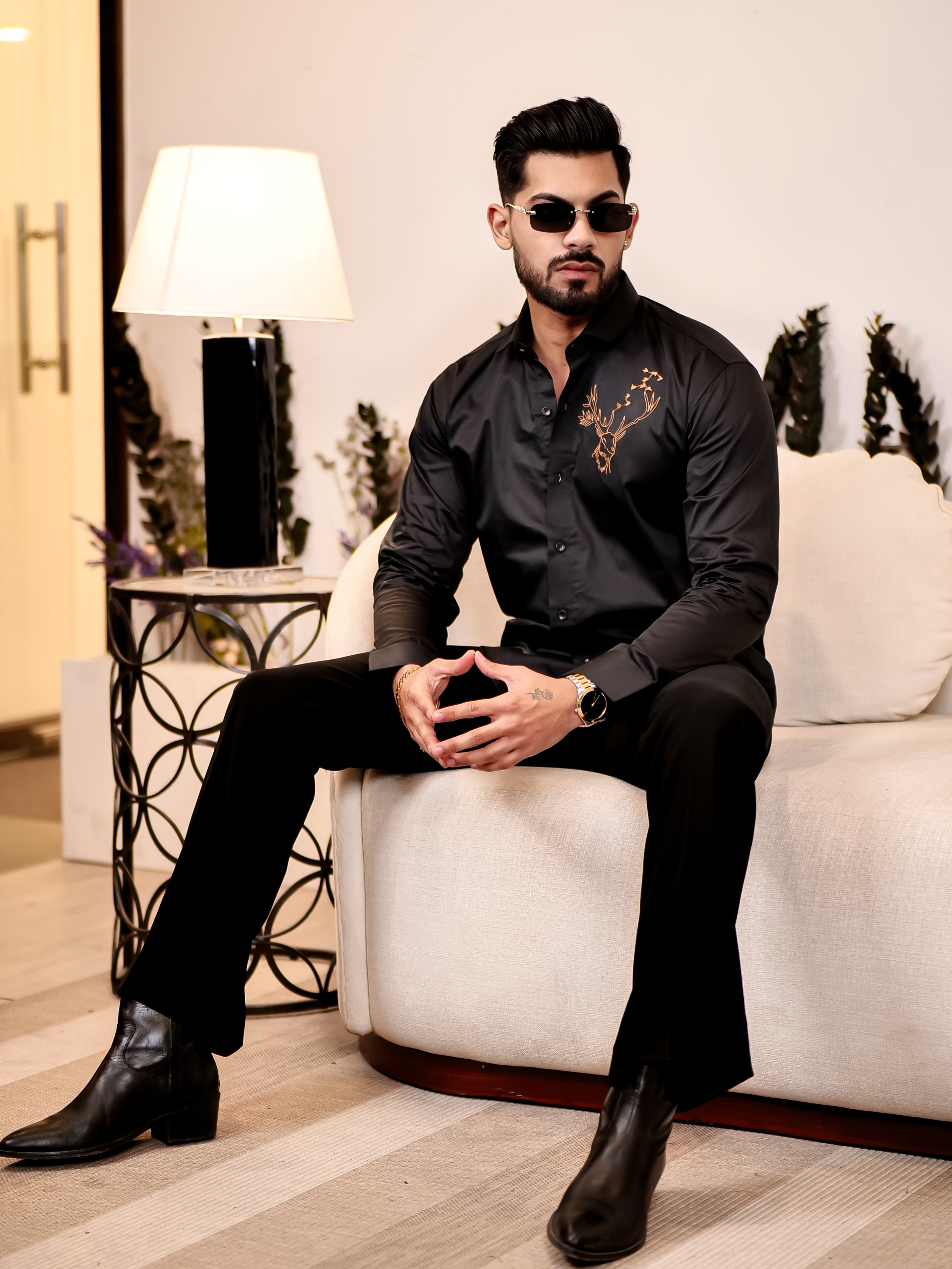 Reindeer Embroidered Black Luxury Cotton Shirt