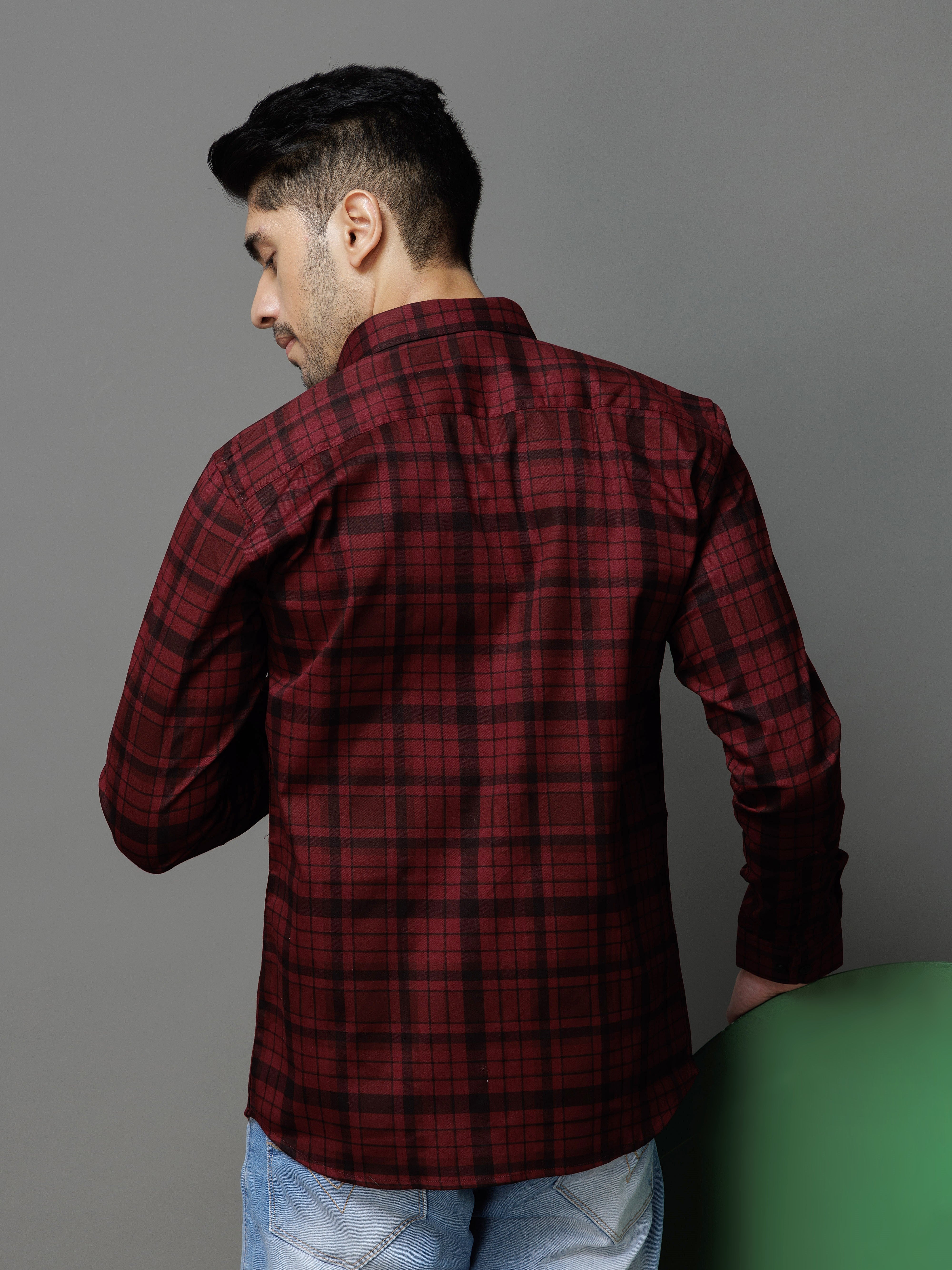 MAROON CHECKS PRINTED COTTON CASUAL SHIRT FOR MEN'S