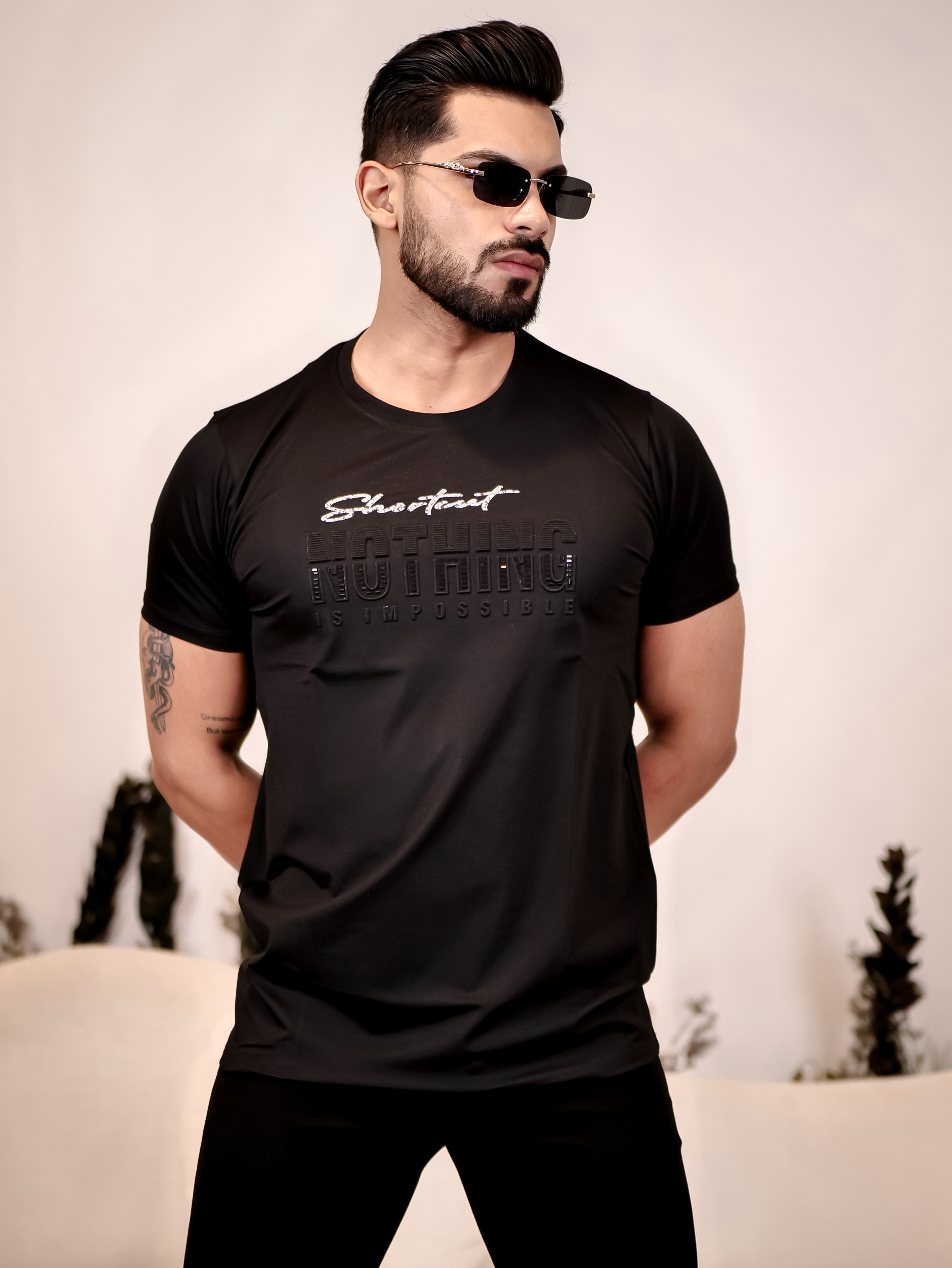 Black Round Neck Imported Cotton Half Sleeve Premium Designer T