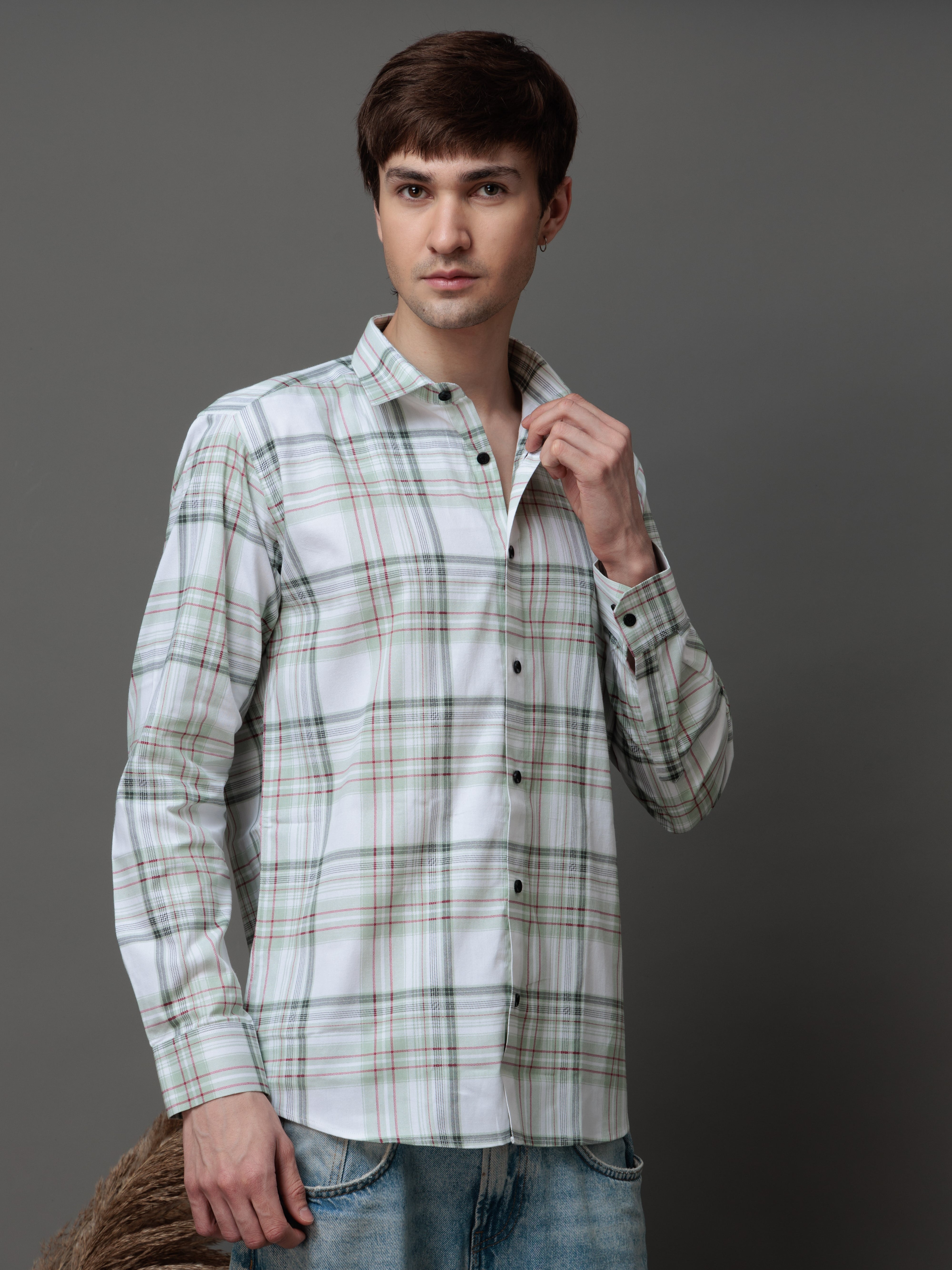 BOX GREEN CHECKED COTTON CASUAL SHIRT FOR MEN'S