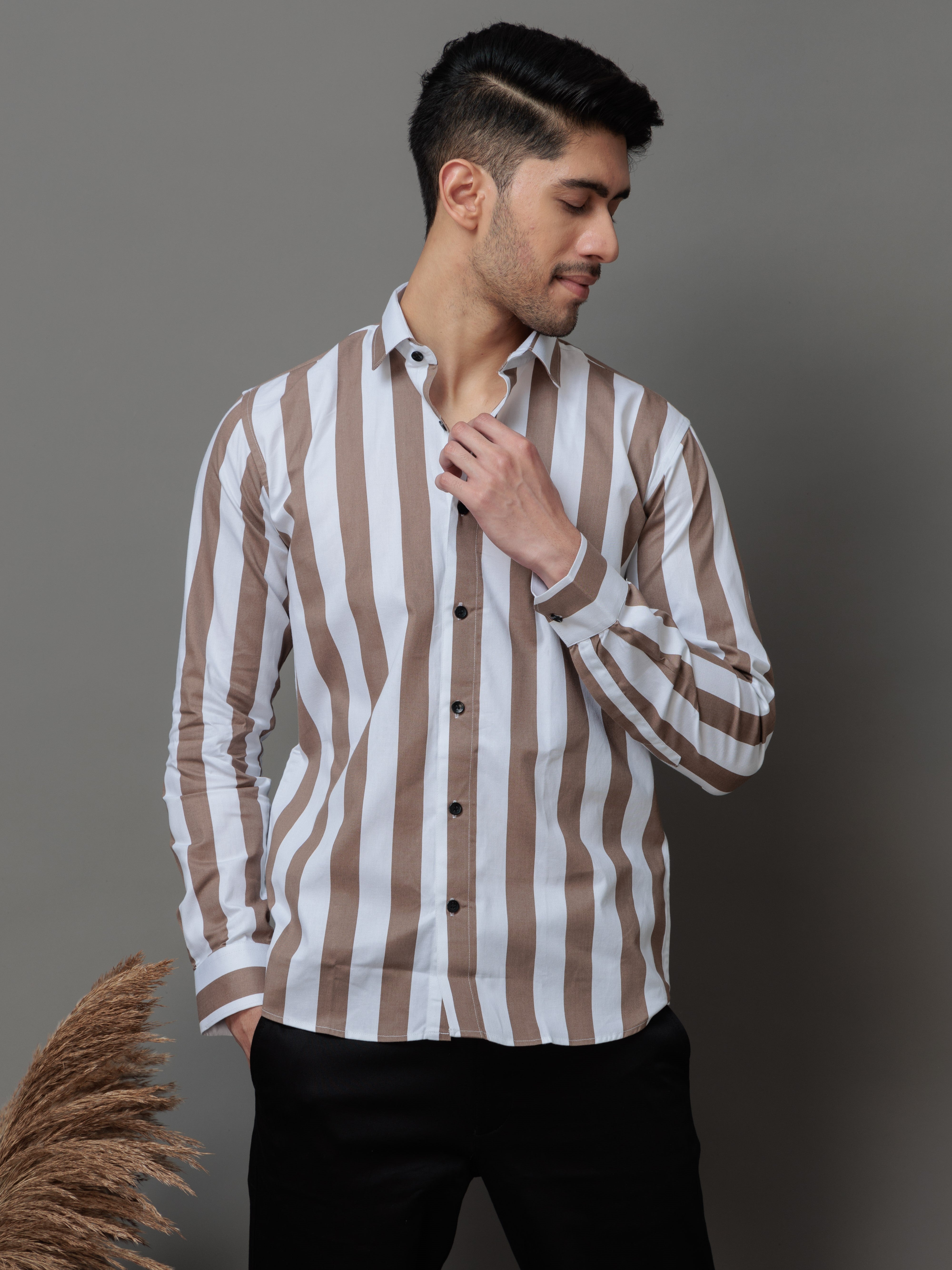 METALLIC BROWN STRIPED COTTON CASUAL SHIRT FOR MEN'S