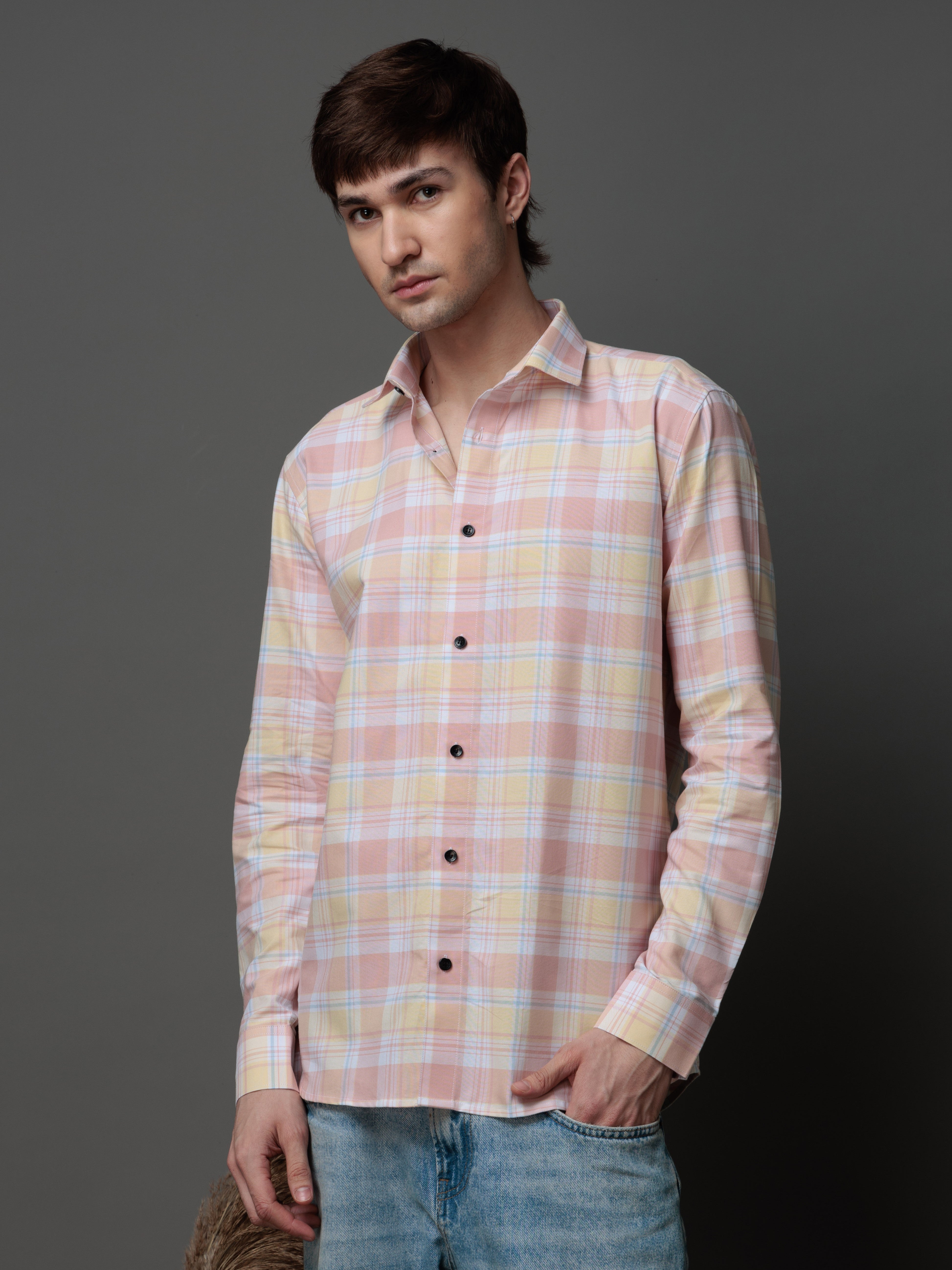 BOX PINK CHECKED COTTON CASUAL SHIRT FOR MEN'S
