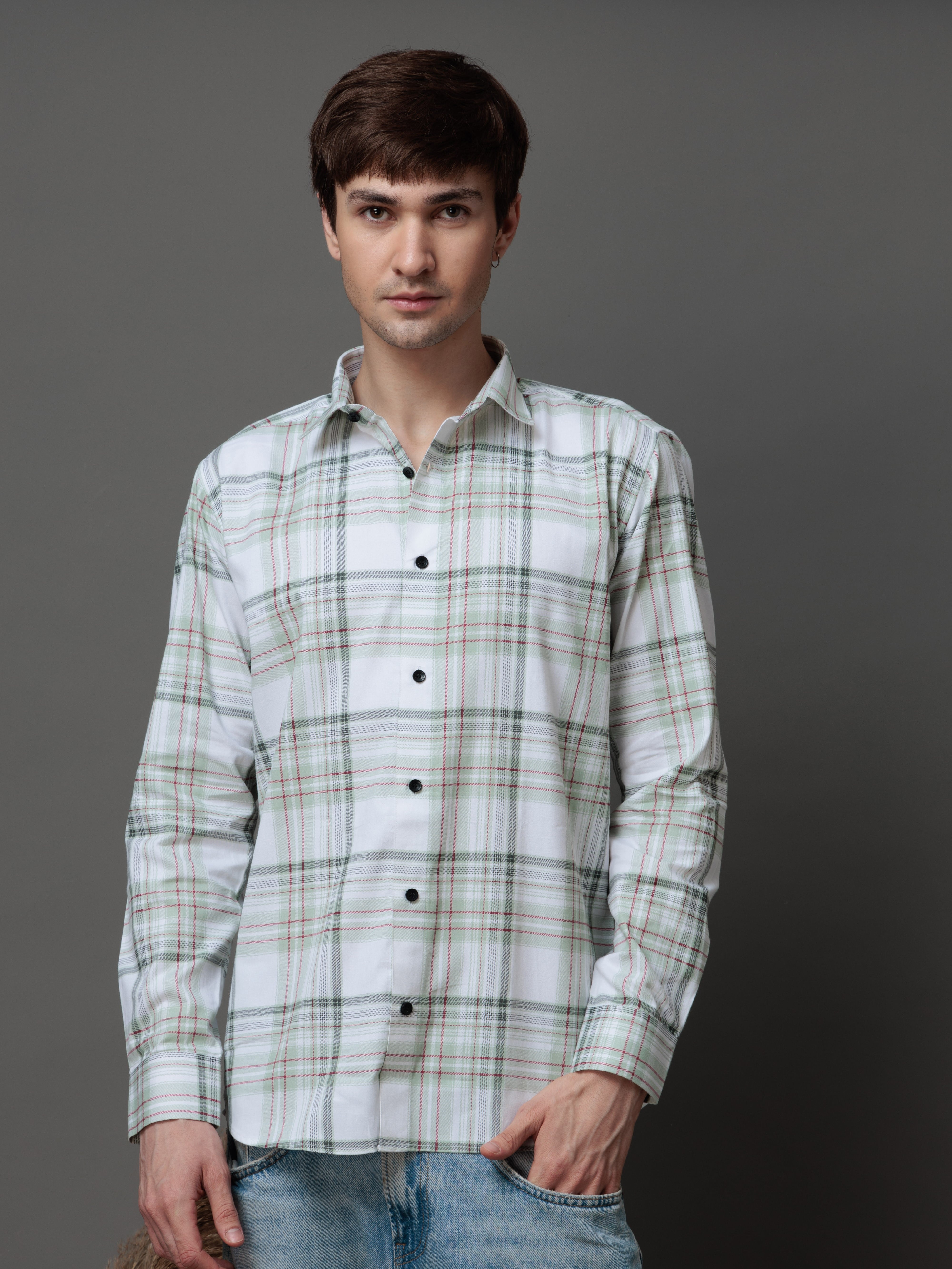 BOX GREEN CHECKED COTTON CASUAL SHIRT FOR MEN'S