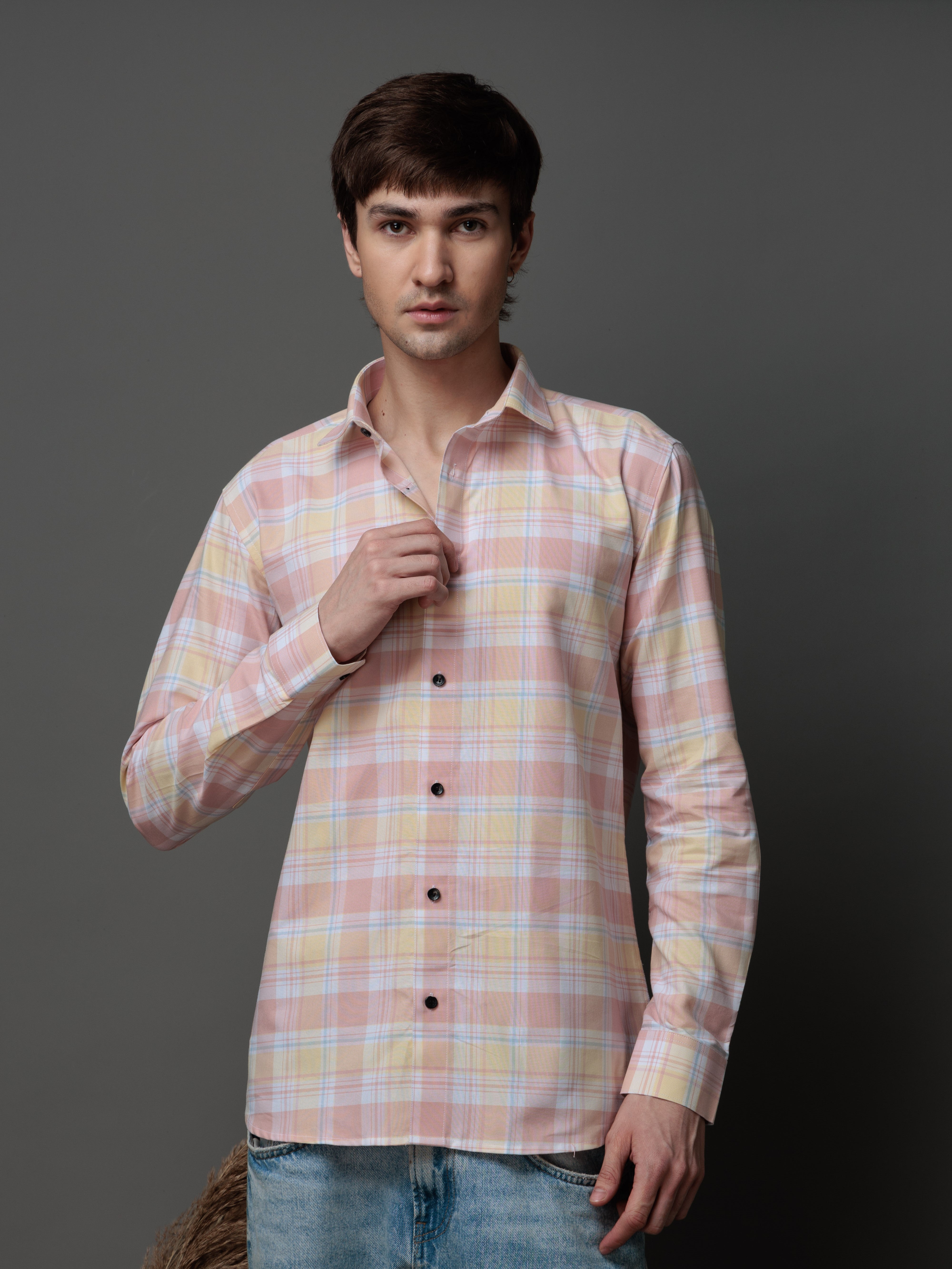 BOX PINK CHECKED COTTON CASUAL SHIRT FOR MEN'S
