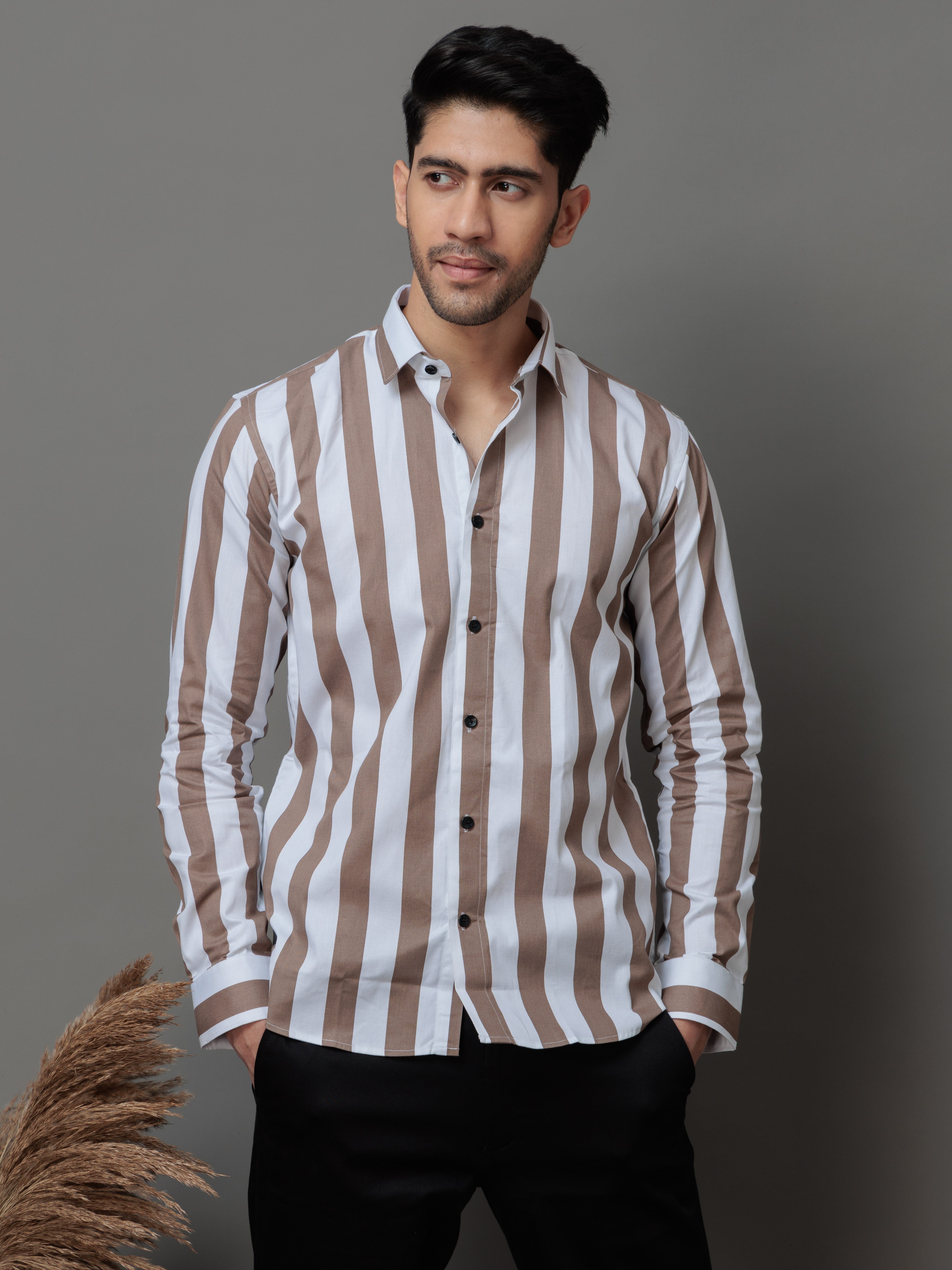 METALLIC BROWN STRIPED COTTON CASUAL SHIRT FOR MEN'S