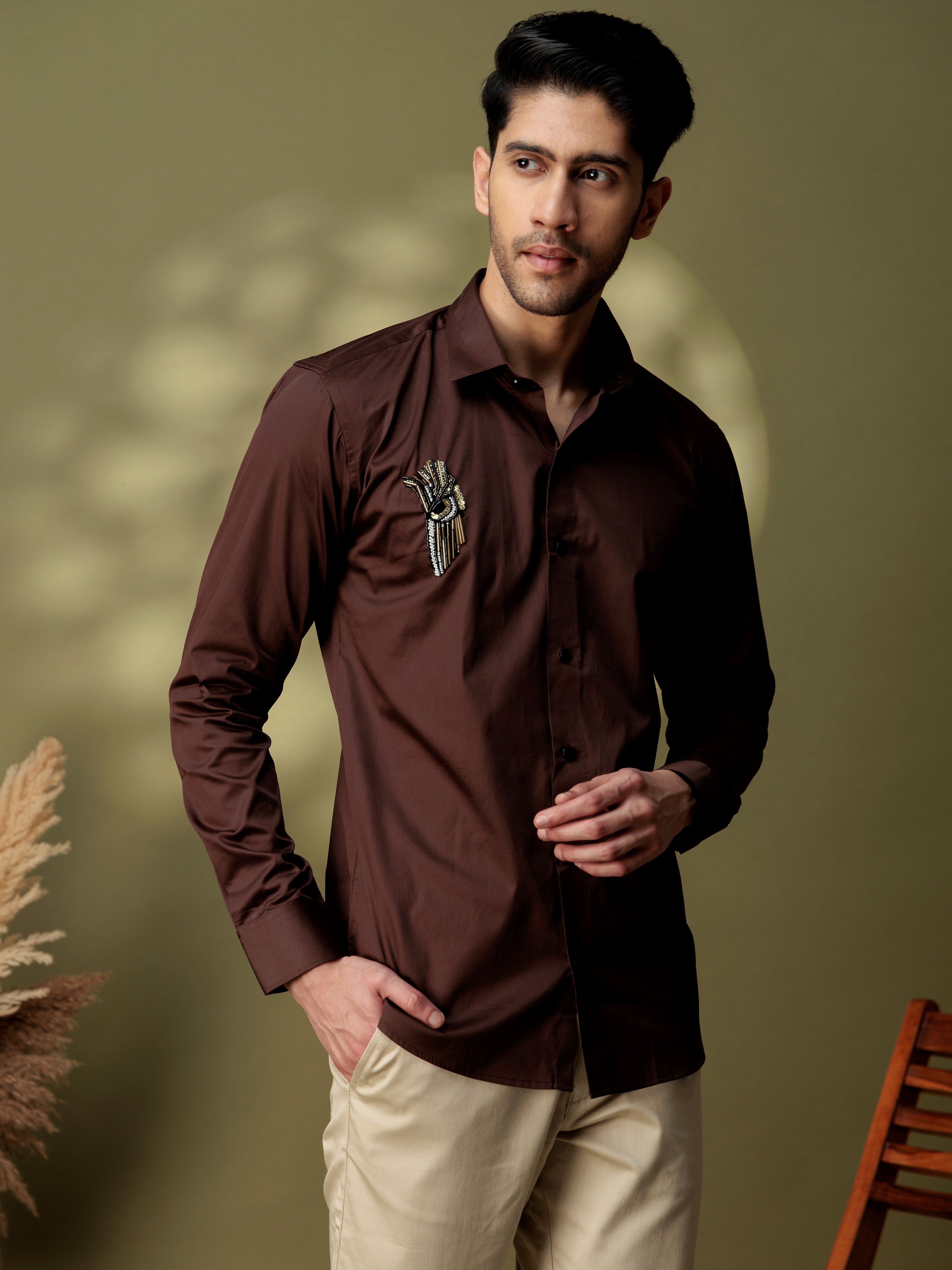FOOMER HD BROWN RHINESTONE HAND WORK SATIN COTTON SHIRT