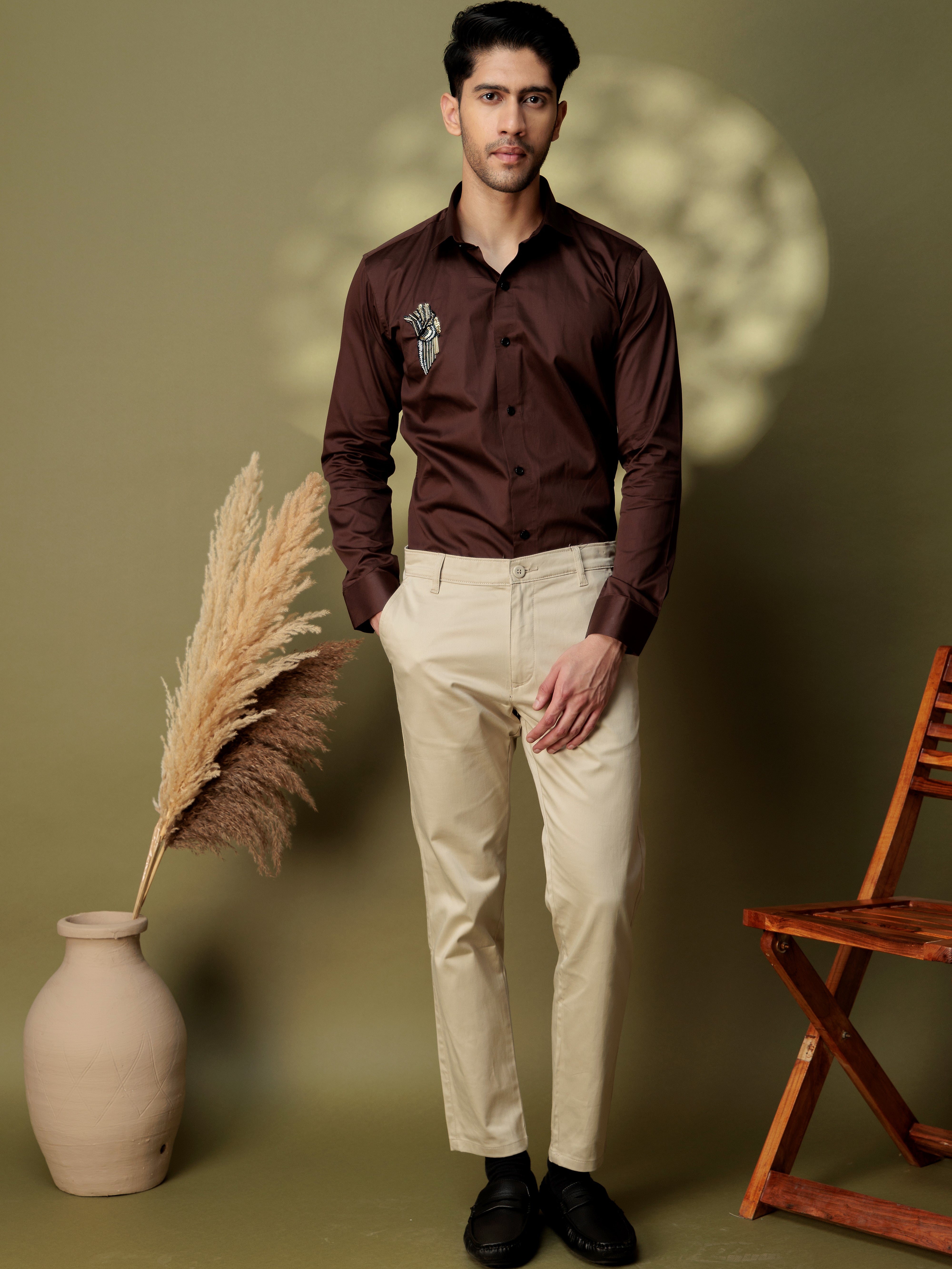 FOOMER HD BROWN RHINESTONE HAND WORK SATIN COTTON SHIRT