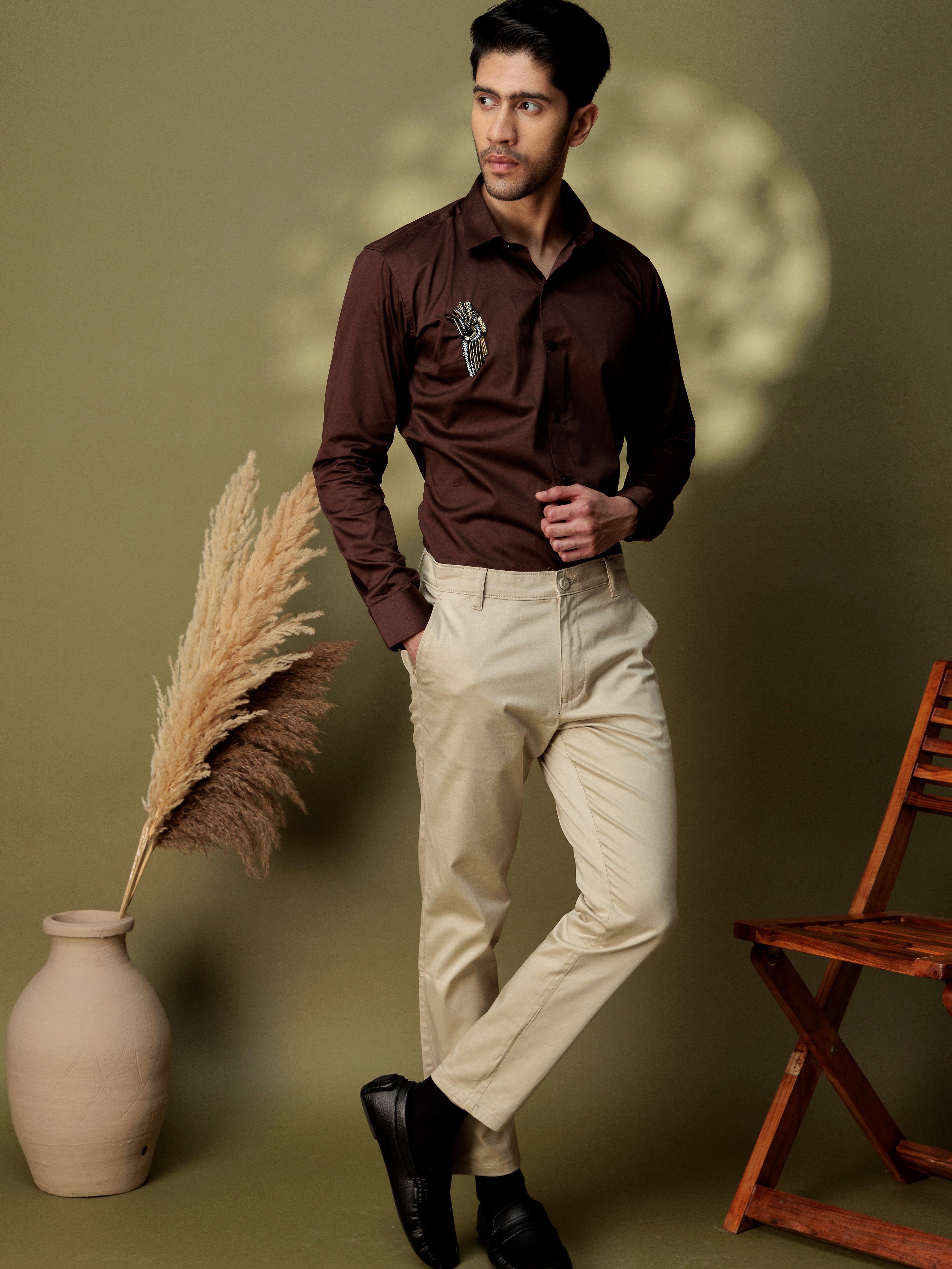 FOOMER HD BROWN RHINESTONE HAND WORK SATIN COTTON SHIRT
