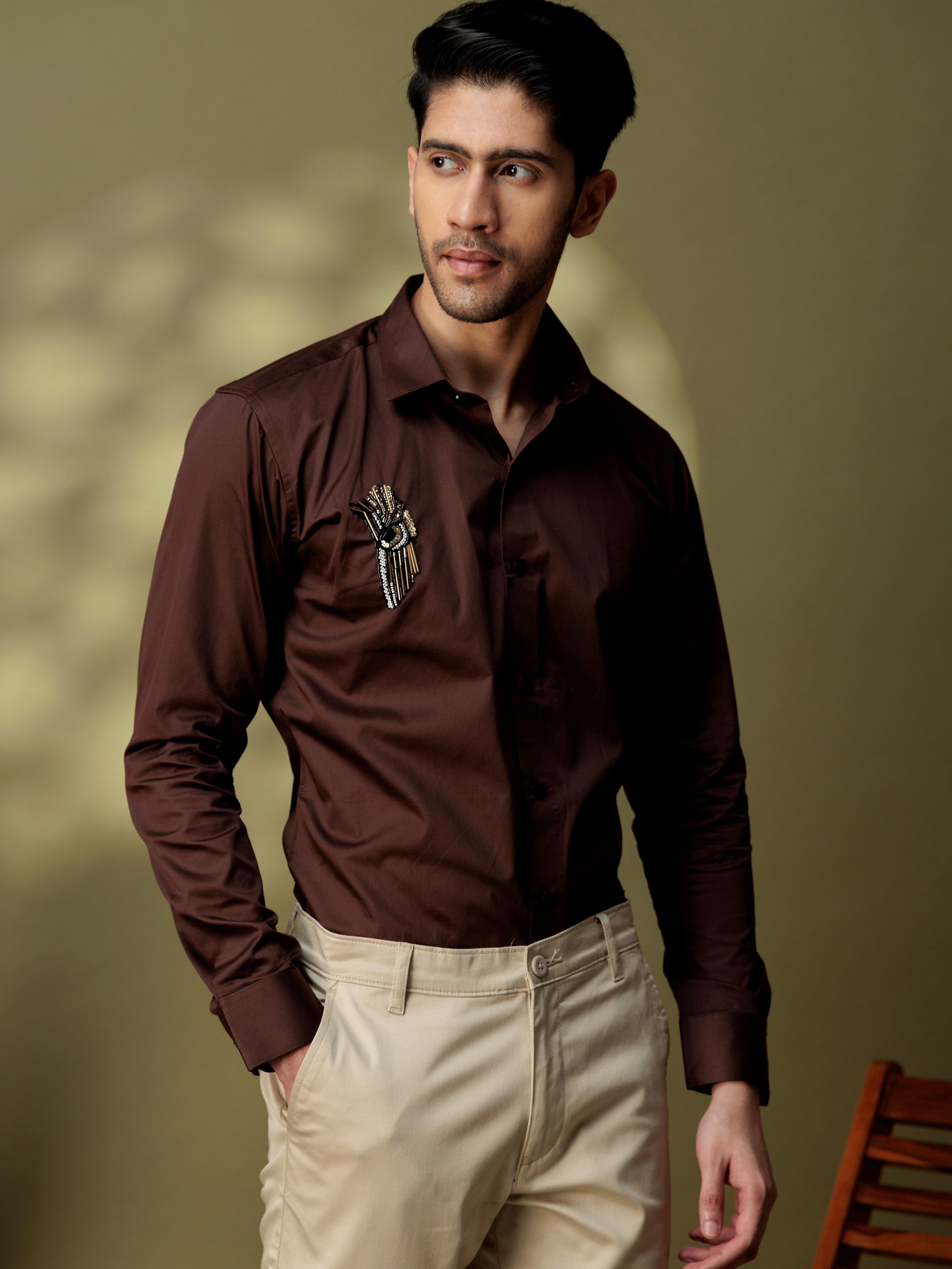 FOOMER HD BROWN RHINESTONE HAND WORK SATIN COTTON SHIRT