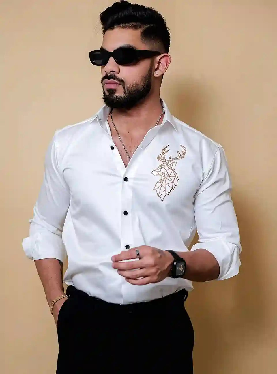 Deer Embroidered White Luxury Cotton Shirt