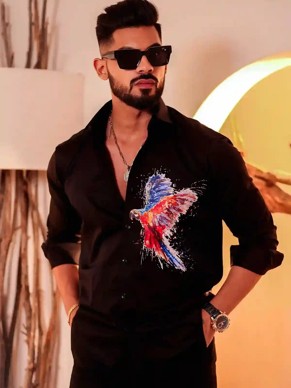 Black Club Wear Printed Satin Cotton Shirt