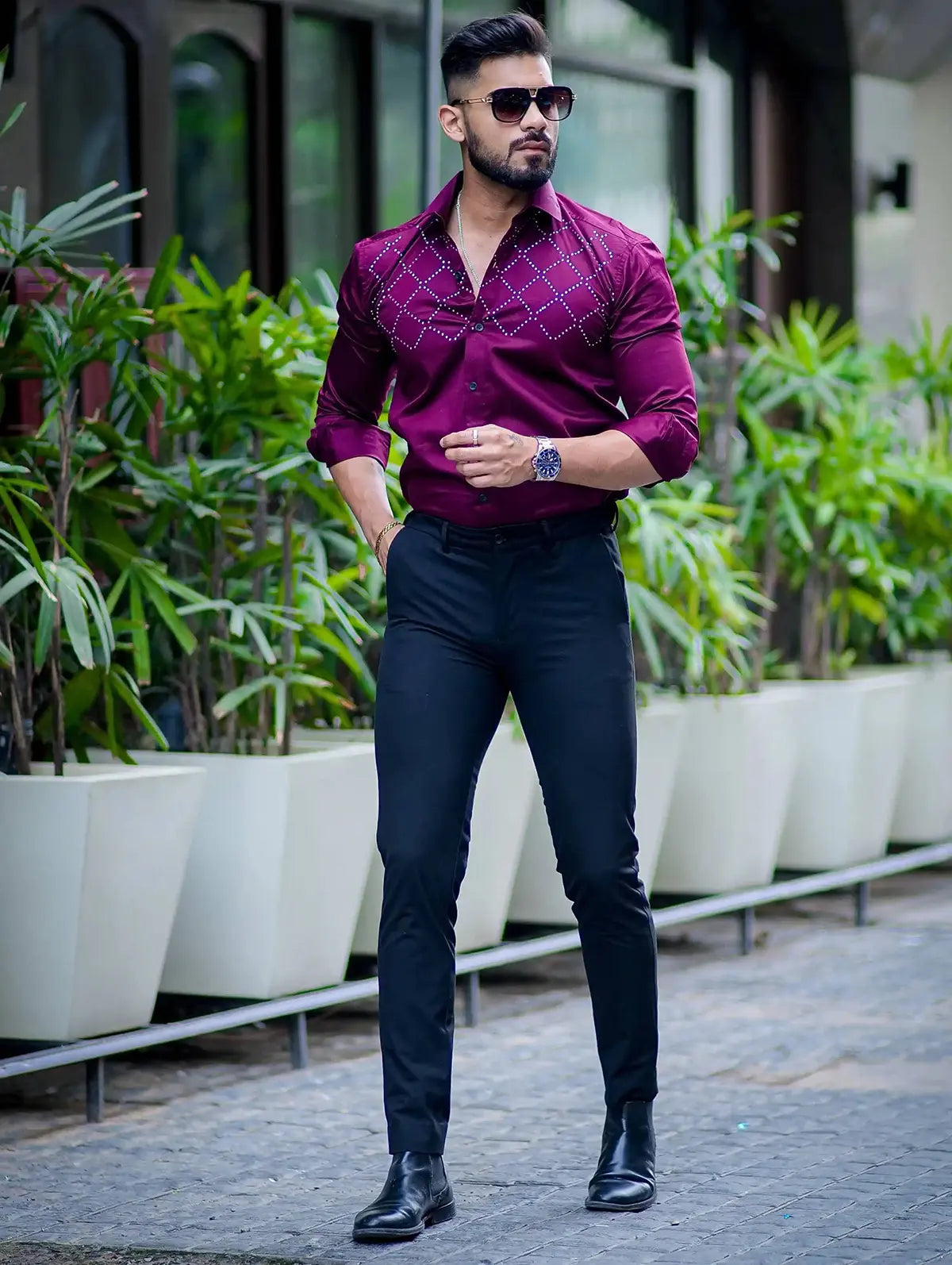 Purple shirt top green pants