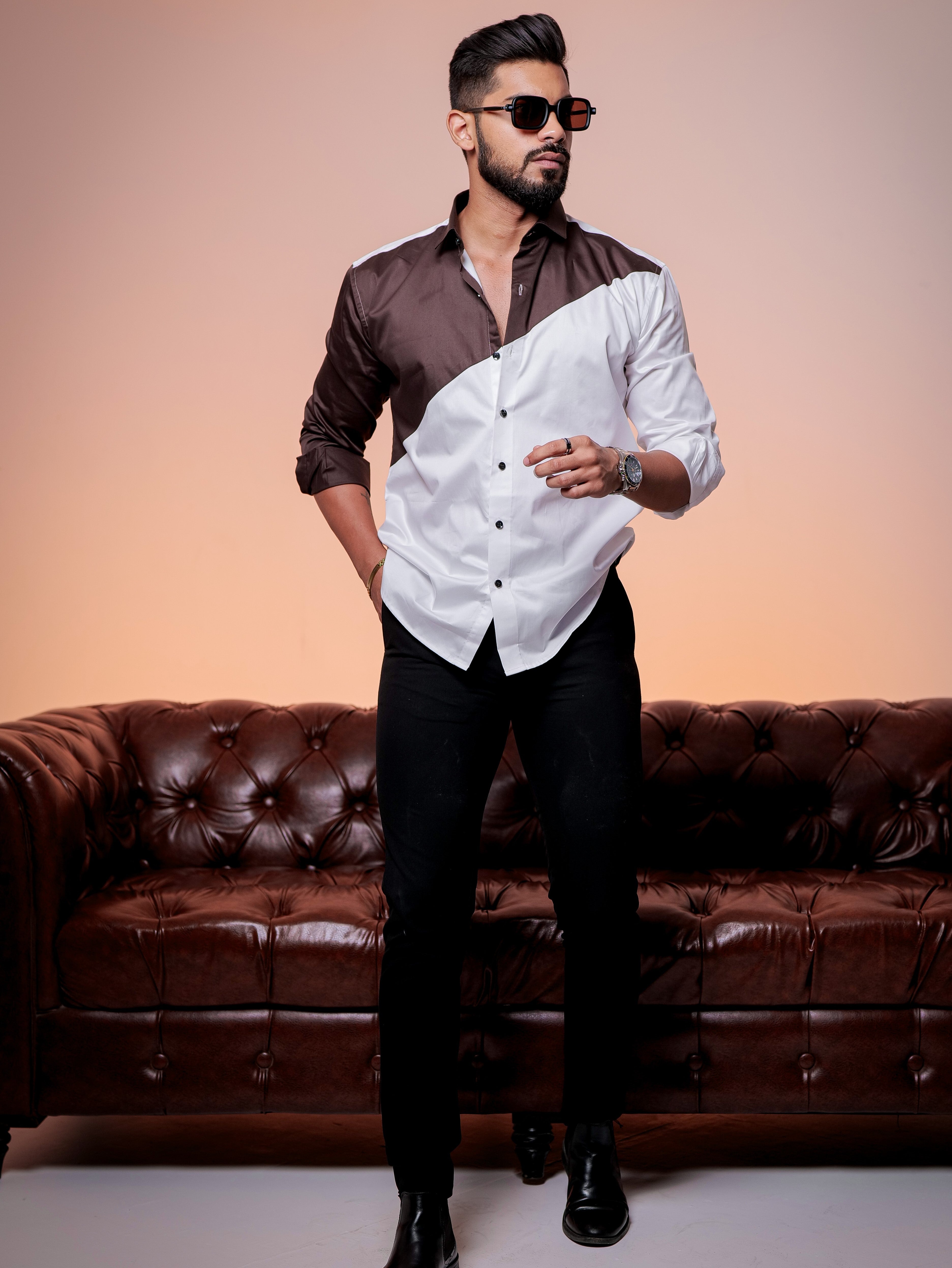White And brown Designer Satin Cotton Shirt