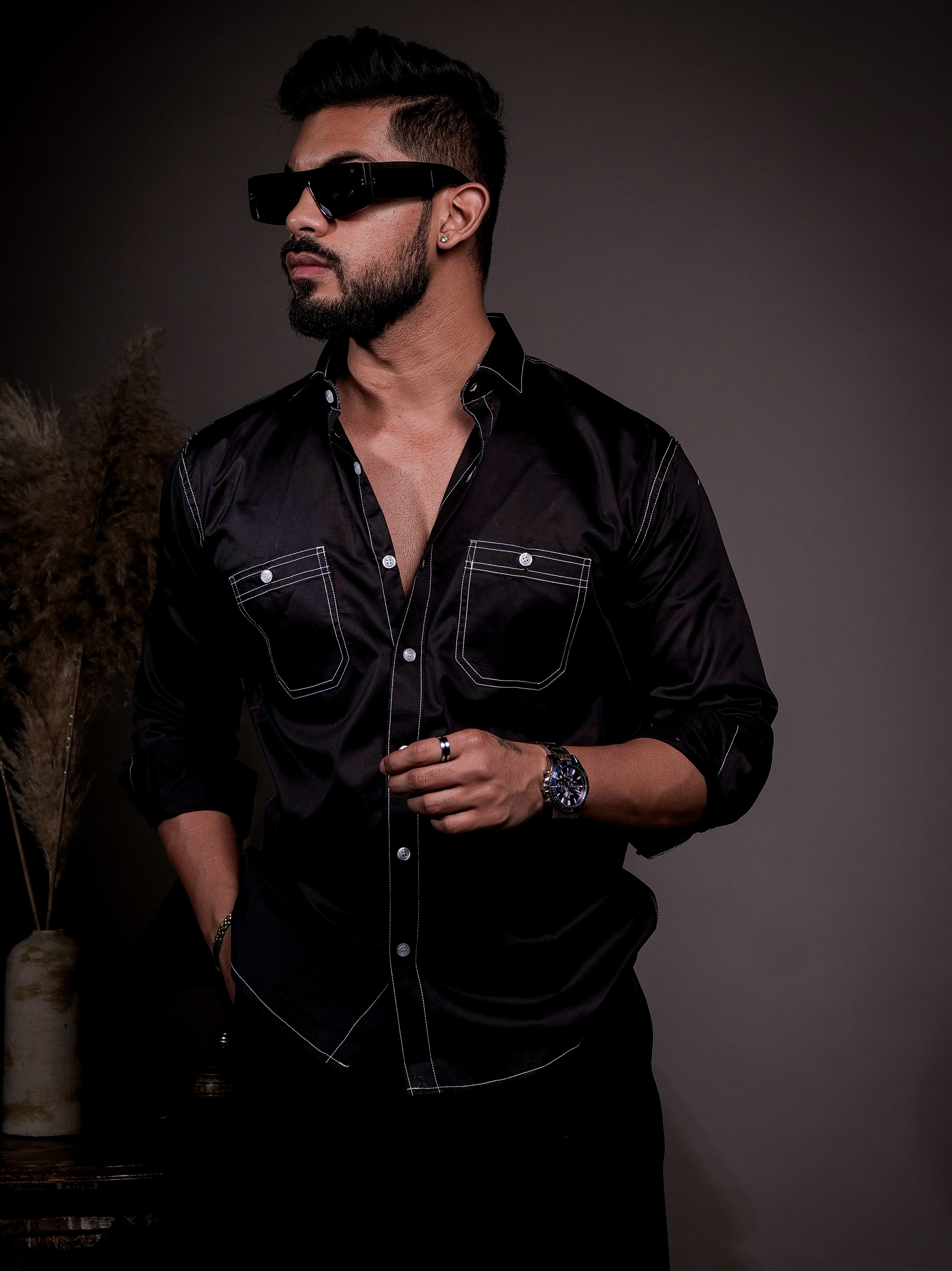 Black Designer Giza Satin Cotton Shirt