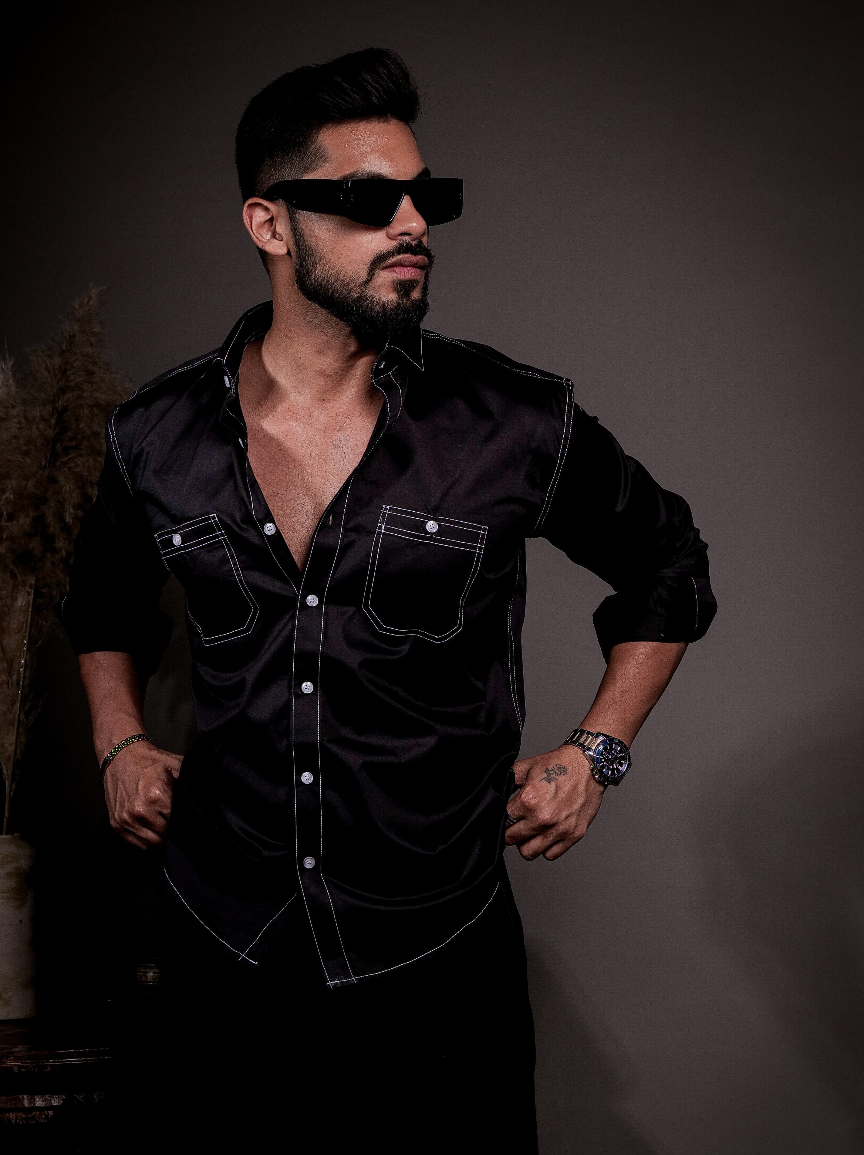 Black Designer Giza Satin Cotton Shirt