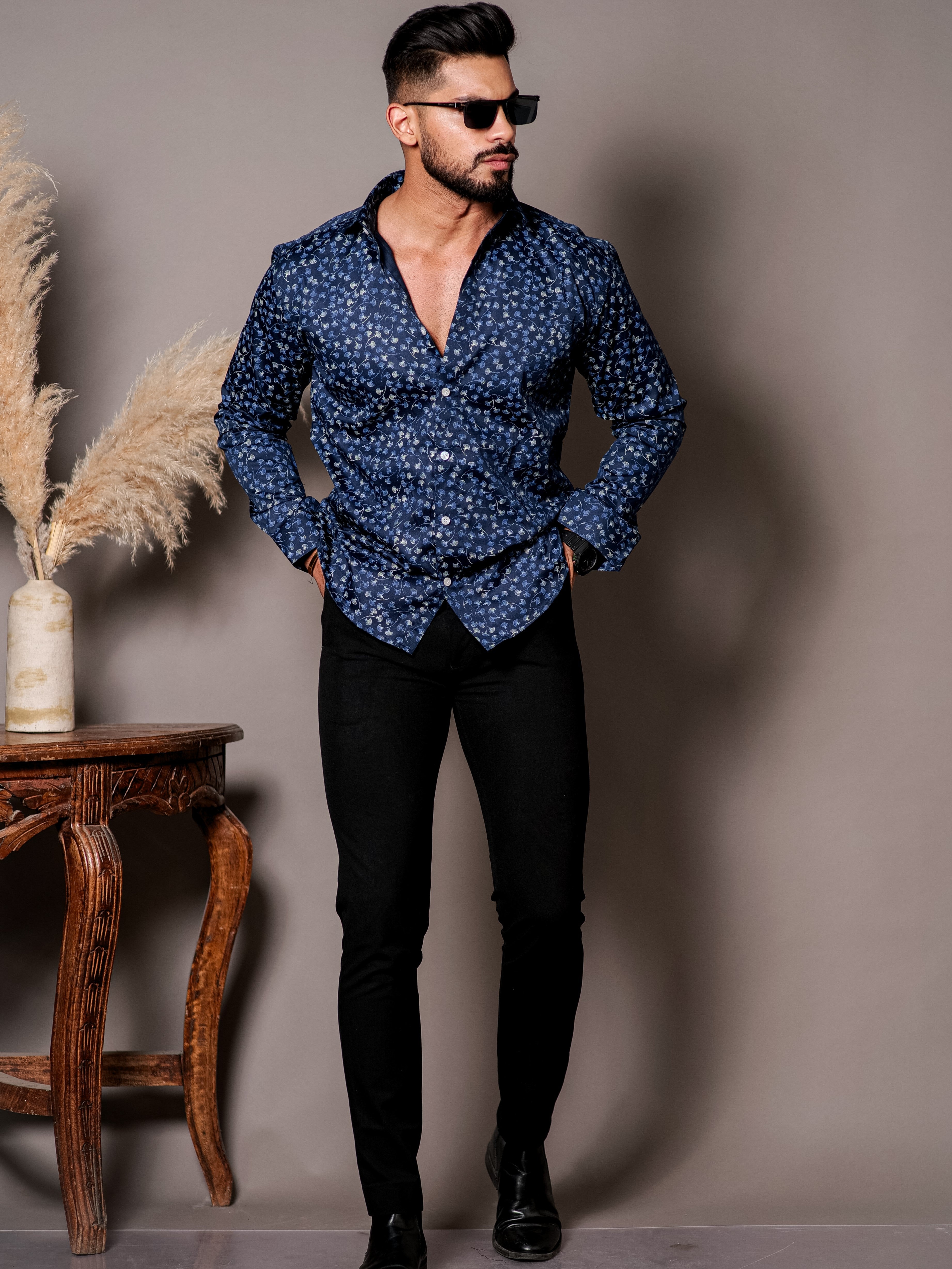Blue Satin Print Premium Shirt