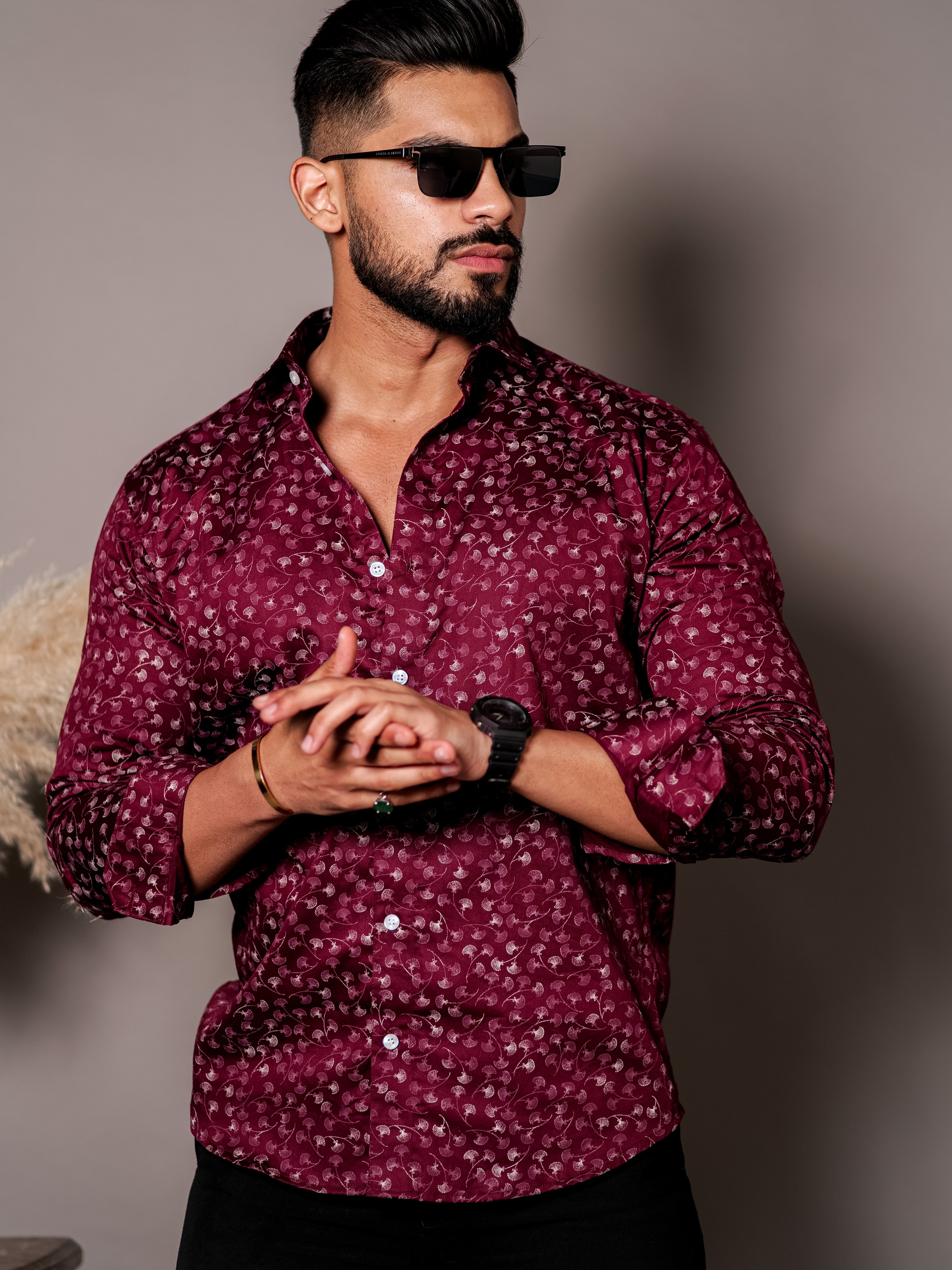 Maroon Satin Print Shirt