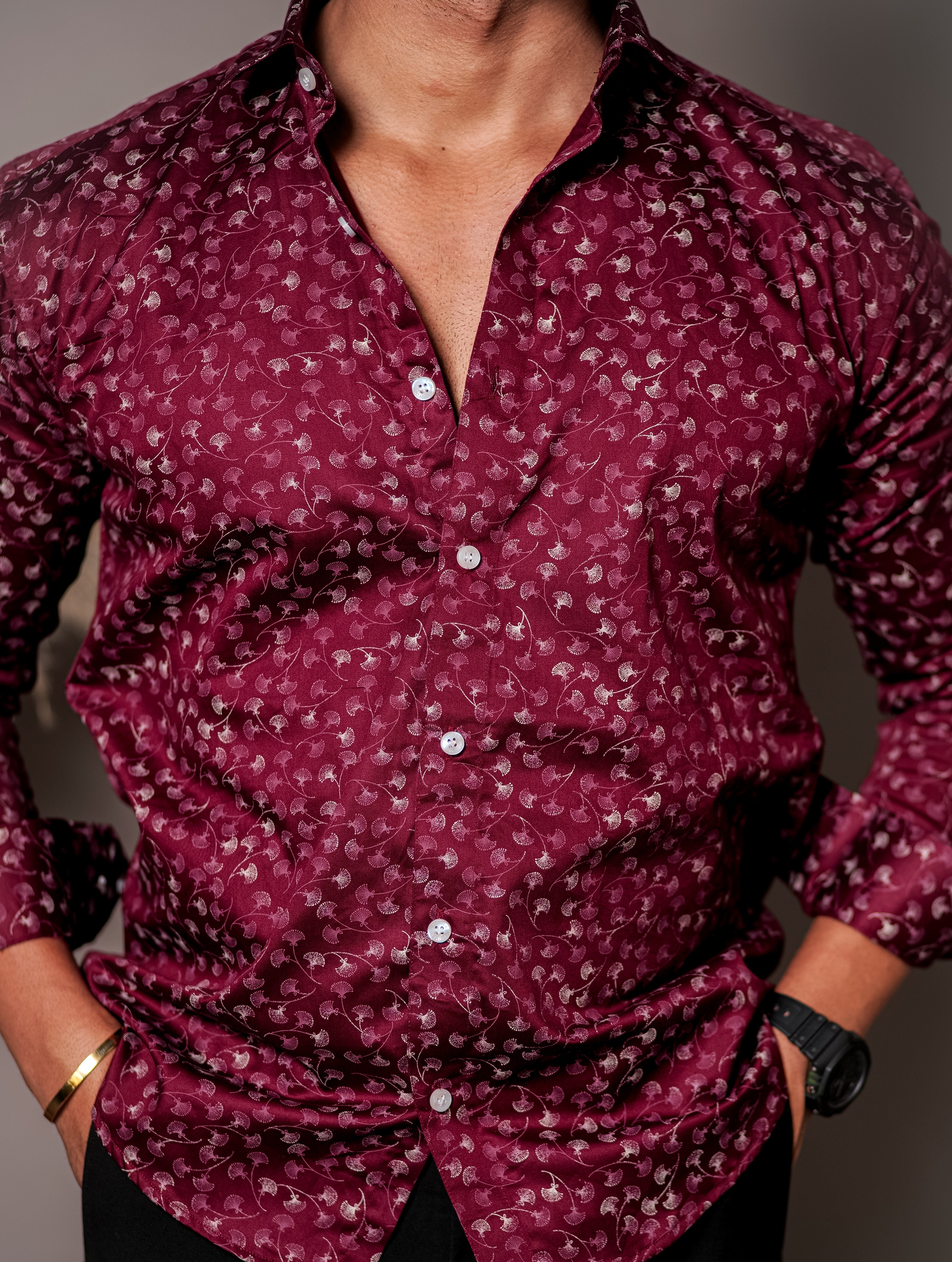 Maroon Satin Print Premium Shirt