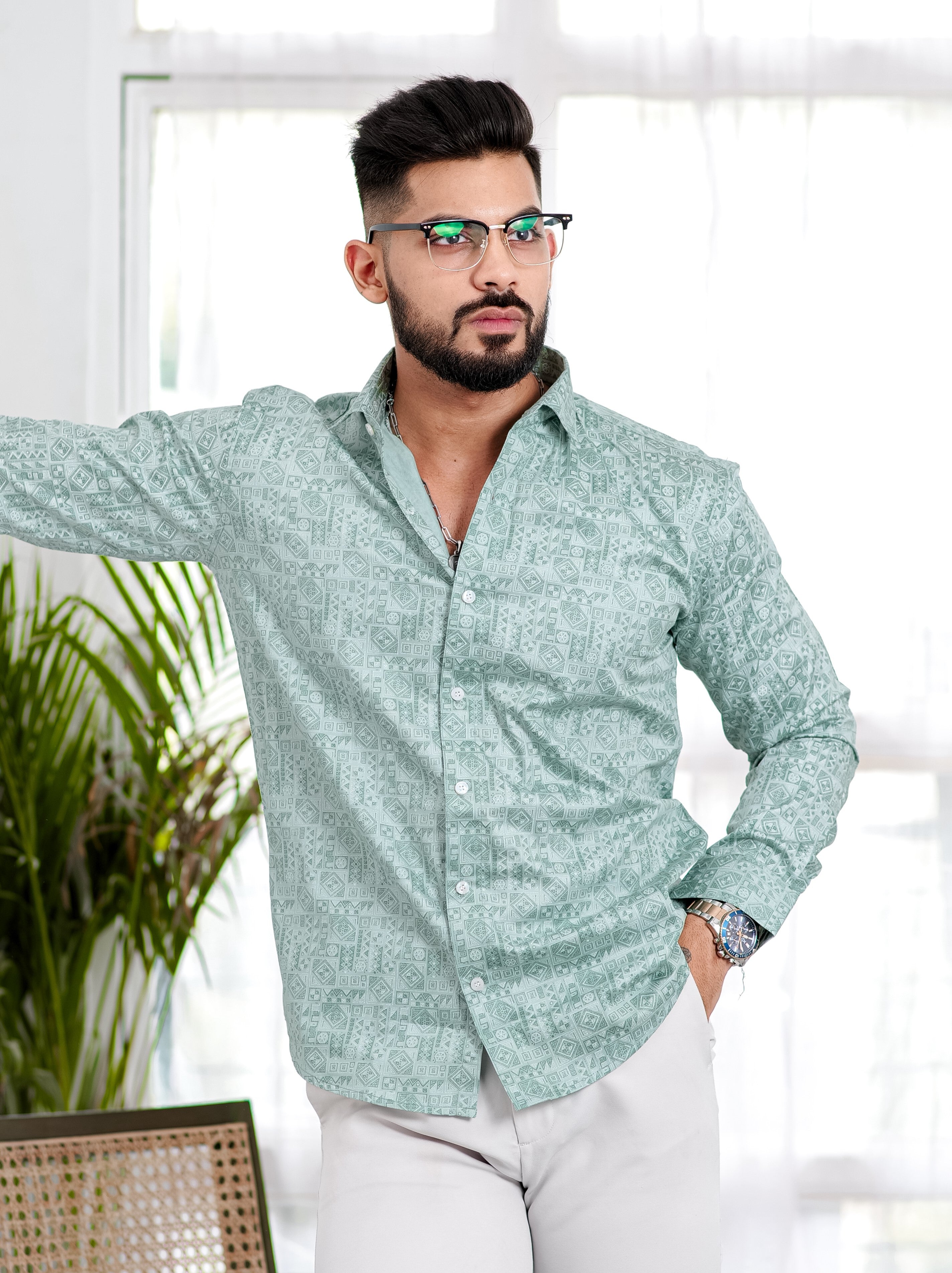Green Satin Print Premium Shirt