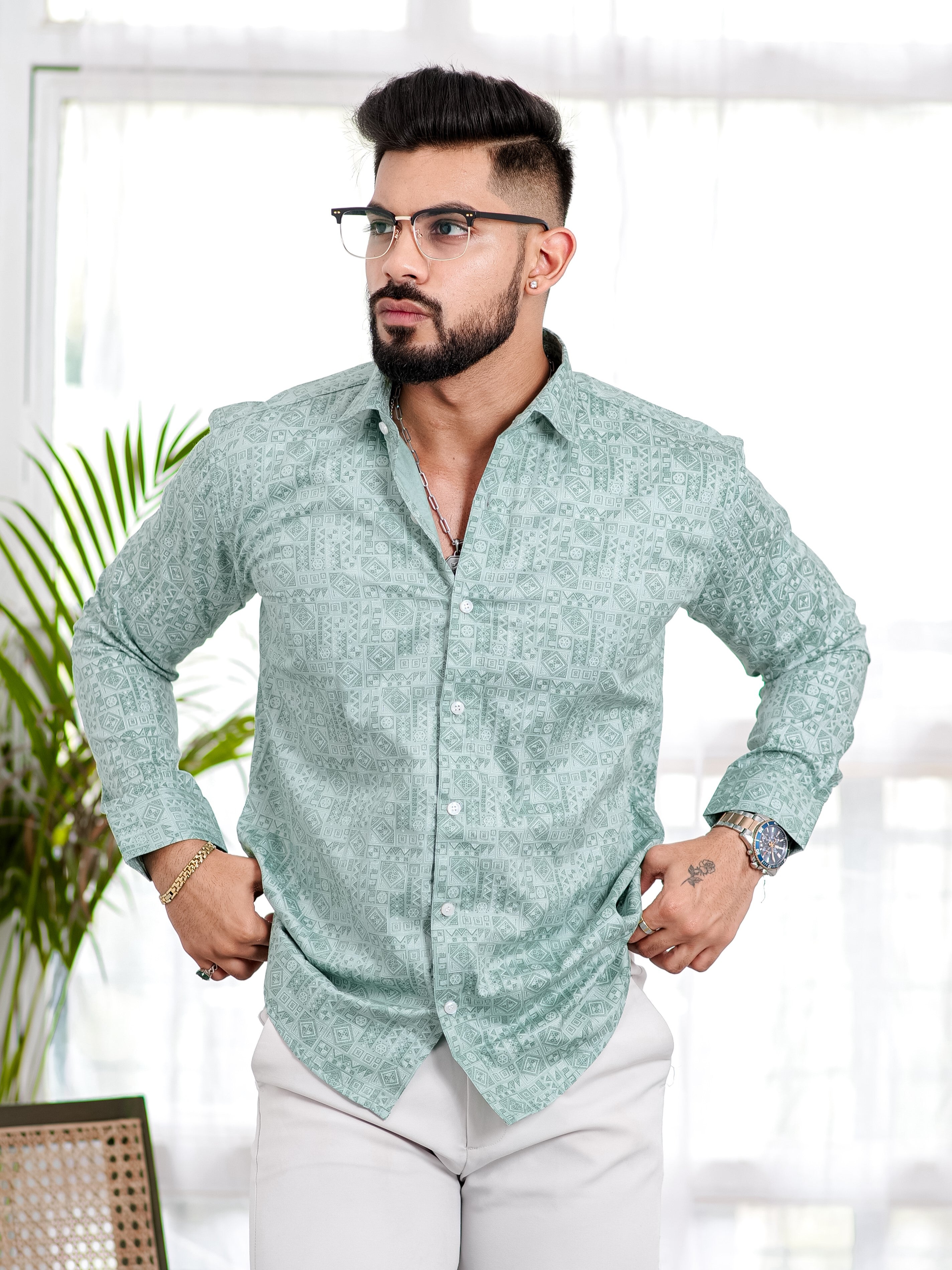 Green Satin Print Premium Shirt